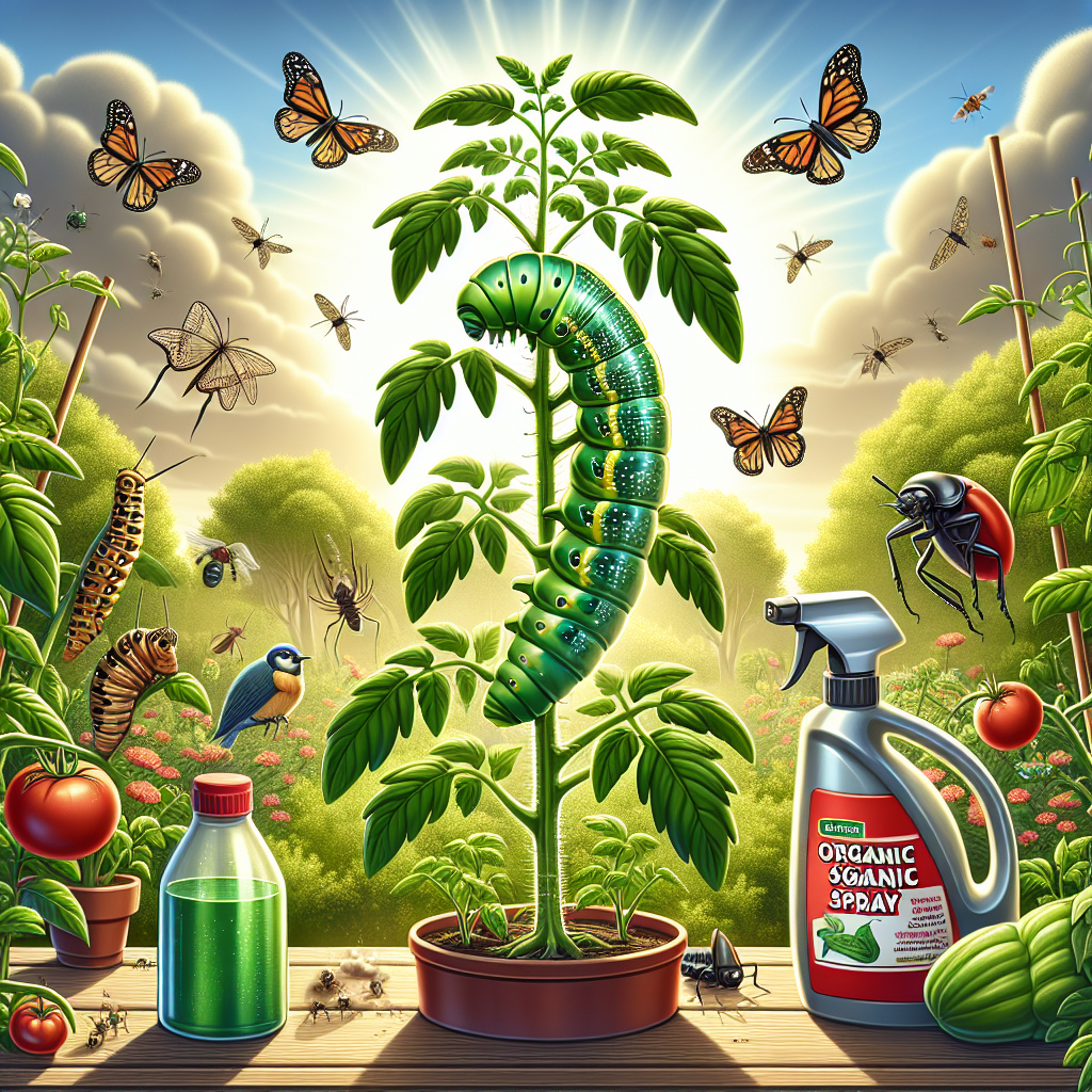 A visual educational depiction showing a lush, healthy tomato plant thriving in a sunny garden. Looming overhead is the threat of the green hornworm, but effective deterrents such as beneficial insects and organic sprays are within view, ready to protect. To the left, beneficial insects like praying mantises and ladybugs are diligently standing guard. To the right, an organic spray bottle stands next to a bowl containing a mixture of water and soap. All items and creatures are presented within natural surroundings, no text, people, brand names or logos are featured.
