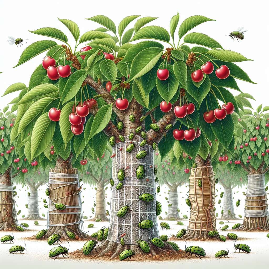 A detailed scene representing the title 'Defending Cherry Trees Against Bark Beetles' without including any textual elements. An illustration of cherry trees, notably identifiable by their fresh, green leaves and bunches of small, ripe cherries. Tiny bark beetles swarm around their trunks, gnawing at the bark. For their protection, barriers made of wraps or screens are implemented around the trunk of these trees. No humans or animals are present in the scene. The environment is devoid of any logos, brand names or any form of text.