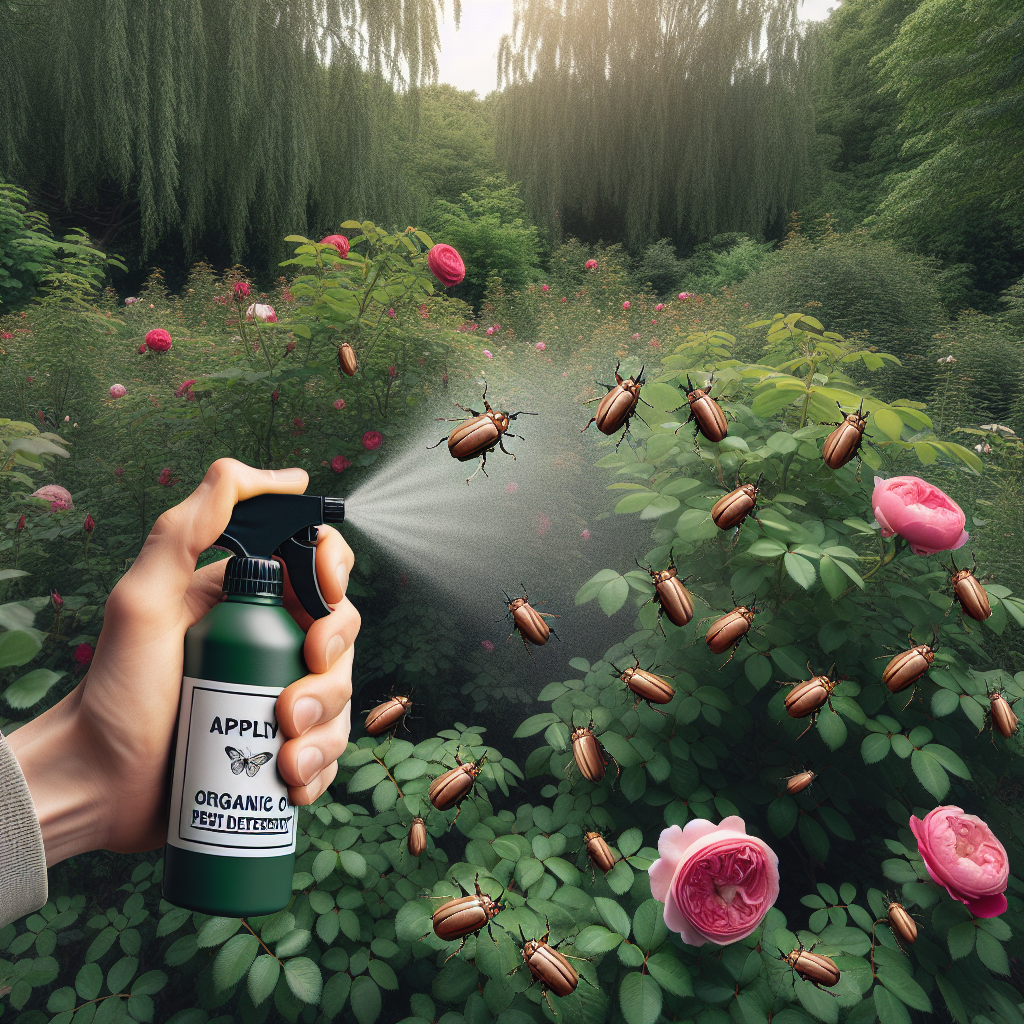 An image showcasing a verdant rose garden with lush, redbud rose bushes, somewhat threatened by the presence of small, tan beetles known as rose chafers. Apply an organic pest deterrent spray, shown mid-action, aimed towards the beetles. The spray bottle is generic in design, with no label, brand name, or logo. The environment is devoid of any human presence, highlighting nature's struggles and triumphs in full view.