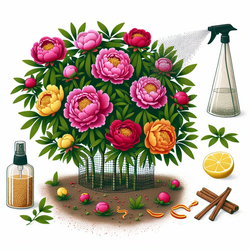 An illustration showing a lush peony bush studded with vibrant, blooming flowers and tight buds. A collection of natural deterrents used to keep ants away from peony buds are distributed around the bush: cinnamon sticks, placed like a border around the bush, and lemon and orange peels are scattered around. Sprinkles of ground black pepper create a sort of barrier on the soil. Finally, some vinegar is being sprayed from a generic spray bottle, its droplets dispersing into the air.