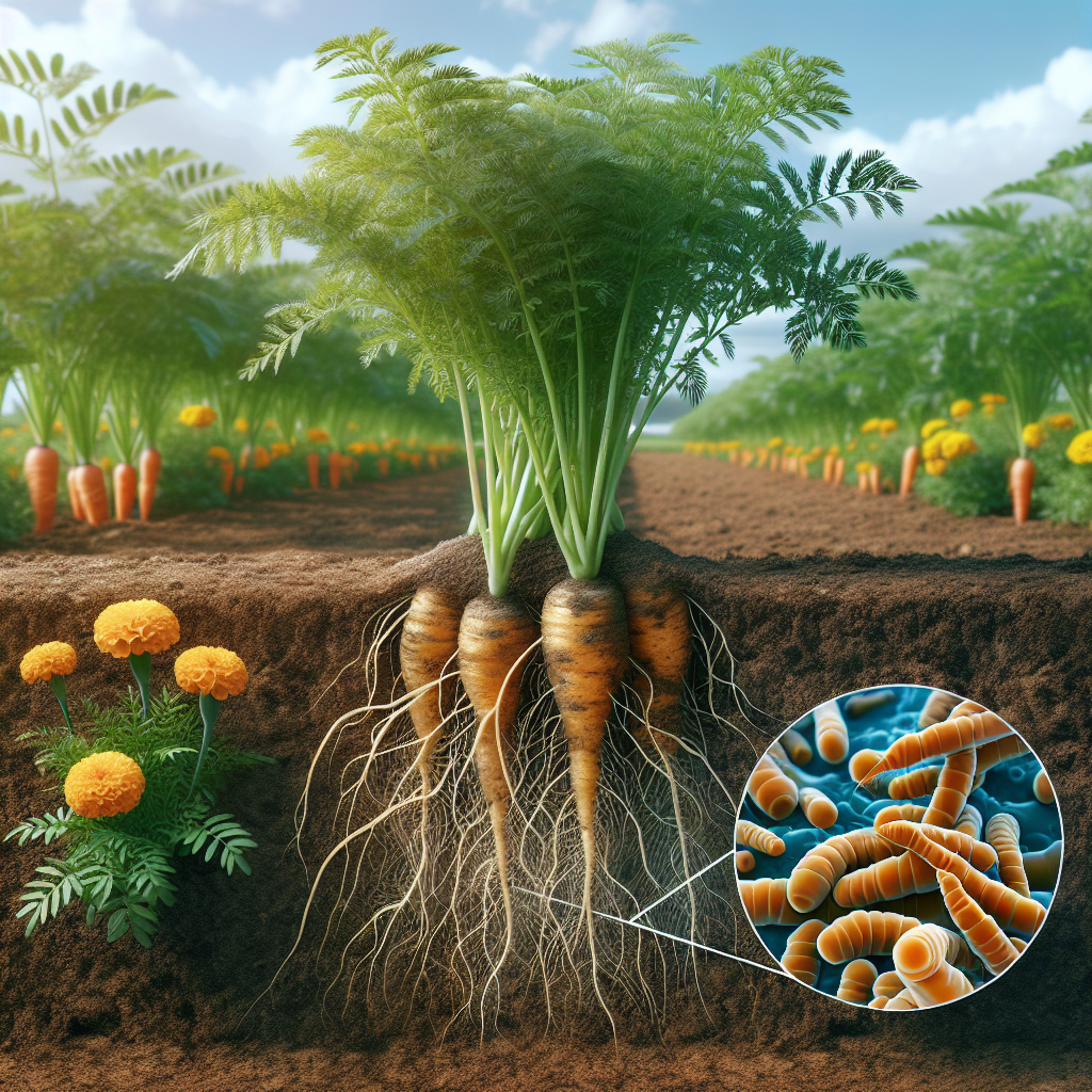 A healthy, robust carrot field with visually unafflicted roots exposed in the foreground, indicating effective nematode control. Amidst the carrots, there are various natural deterrents against Root Knot Nematodes such as marigolds planted strategically. Also visible is an illustration (unbranded and without text) showing microscopic nematodes. The image offers a subtle glow of an organic farm, reflecting the bounty of a successful root knot nematode prevention strategy in an agricultural scenario.