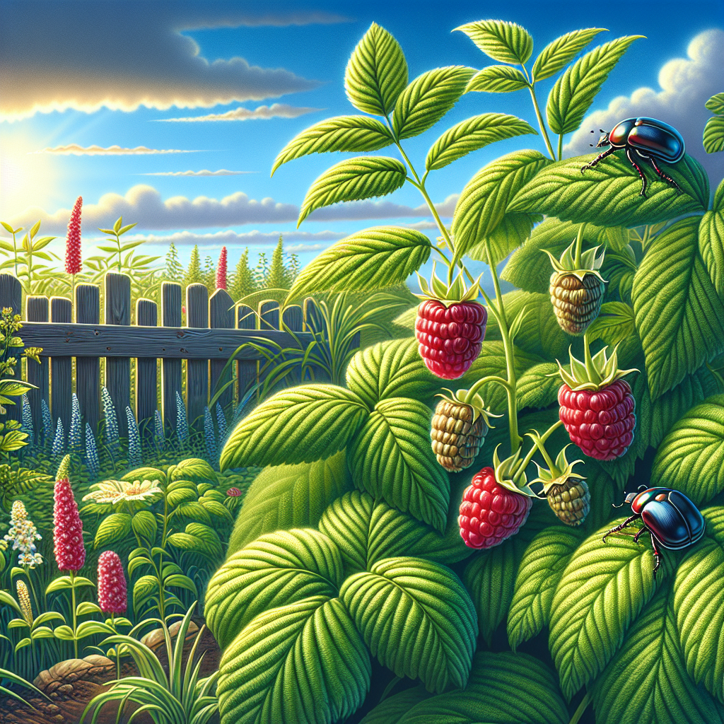 An image depicting a lush, healthy raspberry bush under a bright blue sky. Nearby, there are Japanese beetles navigating away from the raspberry bush towards some distant flowering plants. The scene is set in a calm and serene home garden setting with a decorative wooden fence in the background. The atmosphere is sunny and warm, exemplifying a typical pleasant day in an organic fruit garden.