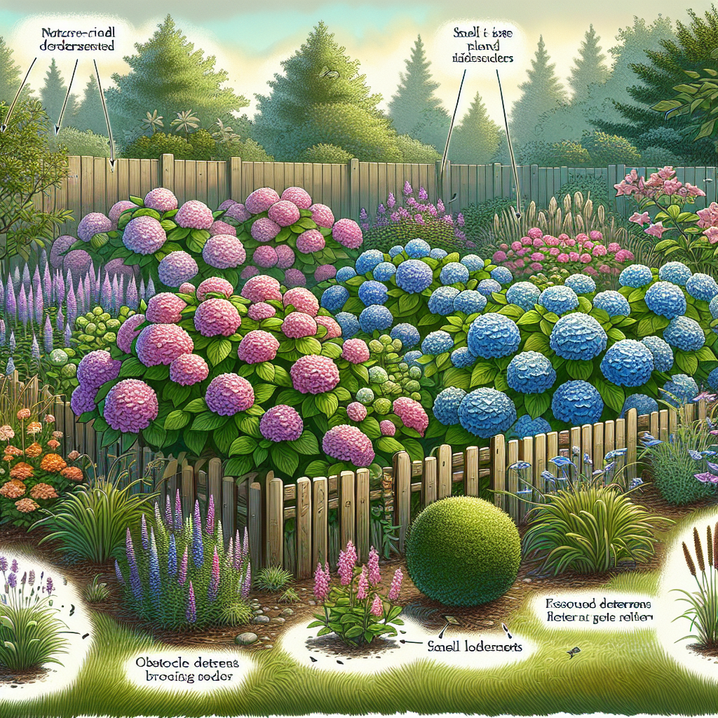 Visualize a peaceful garden scene, where nature-friendly deterrent techniques have been incorporated to discourage deer from eating the hydrangeas. Show lush hydrangeas in a variety of colors, from blushing pinks to vibrant blues, boldly blooming in the foreground. Illustrate obstacle deterrents such as a wooden fence surrounding the garden, and tall grassy plant borders making it difficult for deer to approach. Also include visual representations of smell and taste deterrents, such as a nearby lavender plant and a few scattered chili pepper plants. The overall atmosphere should be serene and harmonious, demonstrating a successful coexistence between wildlife and plant life.