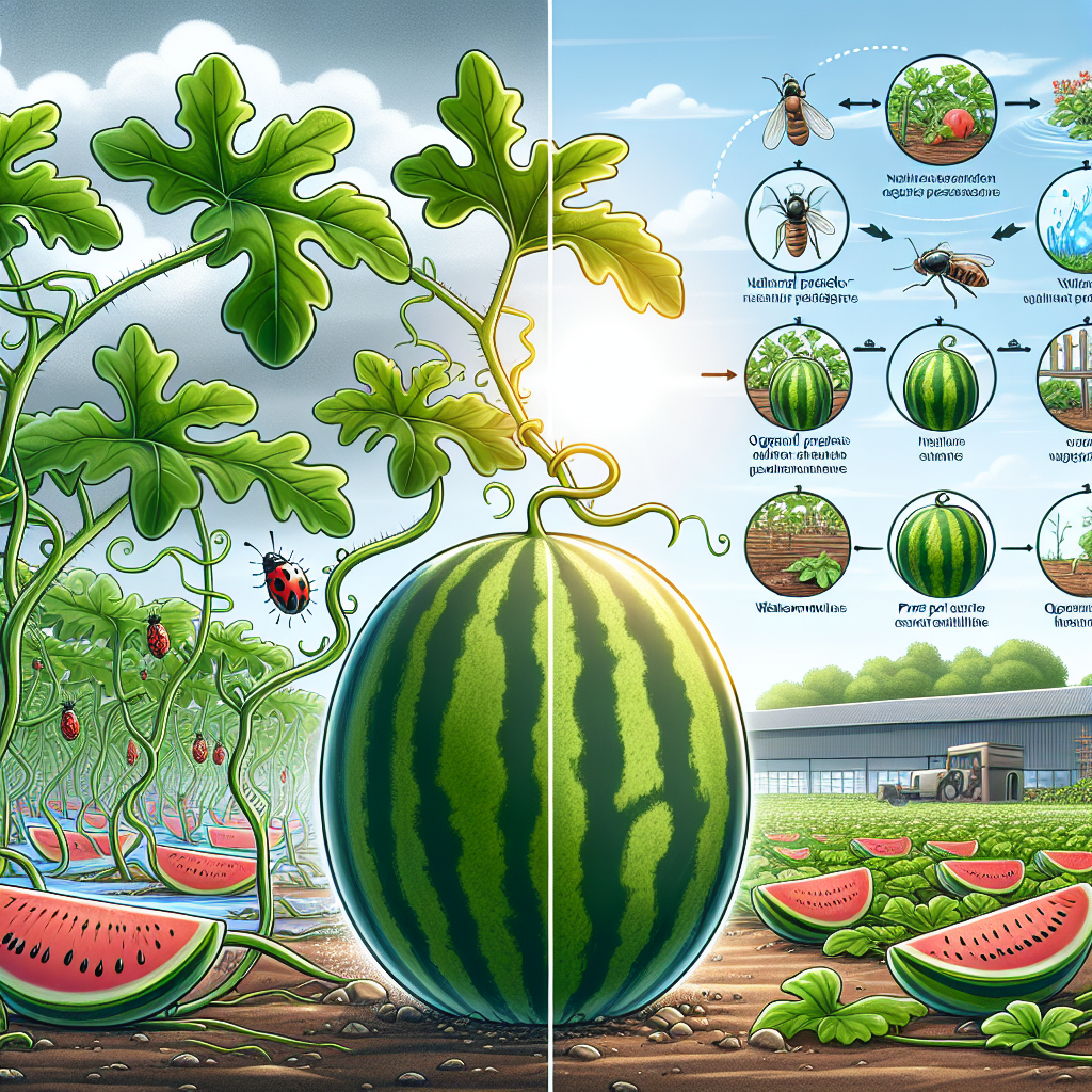 An illustrated guide on how to prevent Fusarium wilt in watermelons. In the foreground, we see lush, green watermelon vines growing in a well-maintained garden. Healthy, plump watermelons are lying on the field. In the background, the scene transitions to a pest-free environment due to organic pest control methods, such as natural predators like ladybugs. The use of organic fertilizers is depicted as well. All this is under the generous sunshine, indicating the importance of adequate sunlight and water for the growth of watermelons. All elements are carefully crafted without the inclusion of any text, brand names, logos, or human figures.