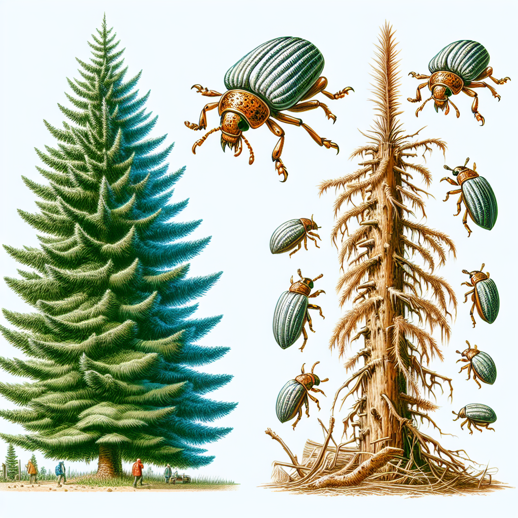 A vivid, illustrative image depicting the menace of the White Pine Weevils. The picture focuses on a healthy, majestic pine tree on the left, while on the right, another pine tree is visibly damaged, with wilted, brown branches possibly caused by the insects. Several weevils are scattered across both the trees, signifying their destructive presence. They are portrayed as small, snout-beetles with banded bodies. There are no people, text, brand names or logos present in the image.