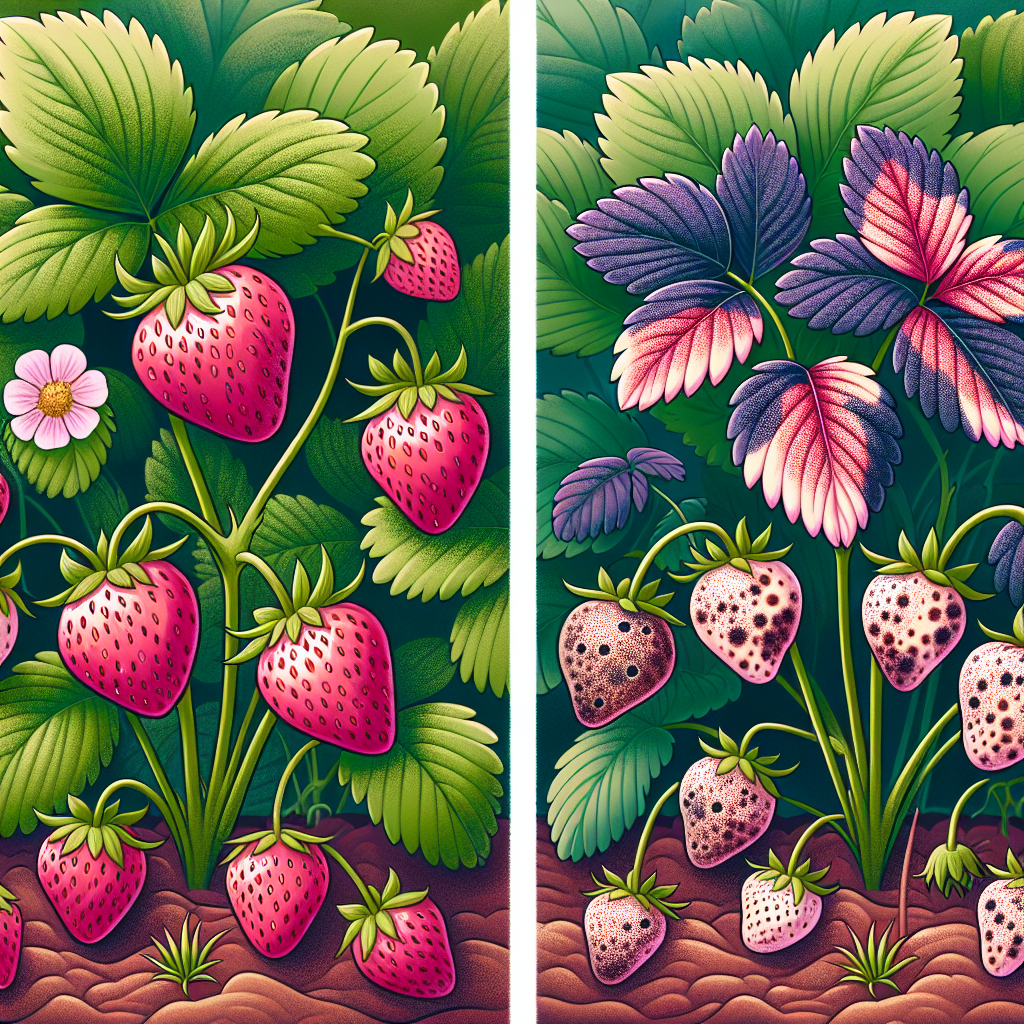 Illustration capturing the crucial process of protecting strawberry plants from strawberry leaf spot disease. Focus on depicting healthy, ripe strawberries amidst lush foliage on one side, symbolizing the success of preventive measures. The other side presents a few plants showing signs of strawberry leaf spot, characterised by brownish-grey spots with a purple border on leaves, for contrast and the impending threat if not controlled. These stark differences intend to emphasize the importance of vigilant disease management. Also, ensure no text, human figures, brand names or logos. Make the image vibrant with an organic feel.