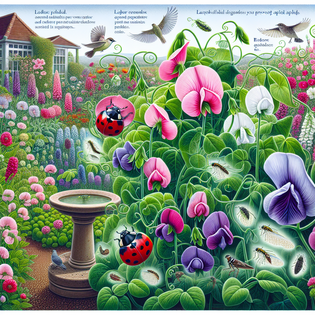 A detailed image showing a vivid garden landscape predominantly occupied by lush, healthy sweet pea plants. The plants are in full bloom, with an array of pink, purple, and white flowers. In addition, the image presents various organic methods to prevent aphid attacks. Elements of ladybug and lacewing insects can be found which are predators of aphids. A birdbath can be seen at the corner, attracting birds which are also natural enemies of aphids. A minor presence of light ghost-like figures symbolizing aphids are shown being repelled away from the sweet pea plants.