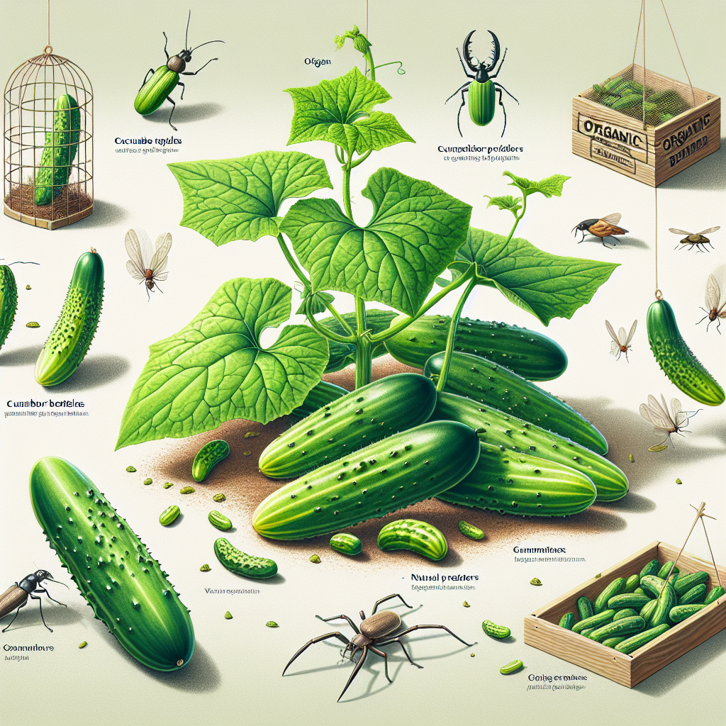 An image depicting several distinctly different organic strategies to protect cucumbers from cucumber beetles, all without including people. In the foreground there might be a cucumber plant, its bright green leaves and crisp, light green cucumbers standing out boldly. Some beetles are depicted near the plant but deterred by a natural physical barrier. Secondly, a focal point of the image could be a trap made from organic materials trapping the beetles. Finally, there could be natural predators of cucumber beetles represented nearby, such as birds or spiders. Their attentions seem to be targeted towards the beetles. Everything is natural and serene, and there is no visible brand or text information.