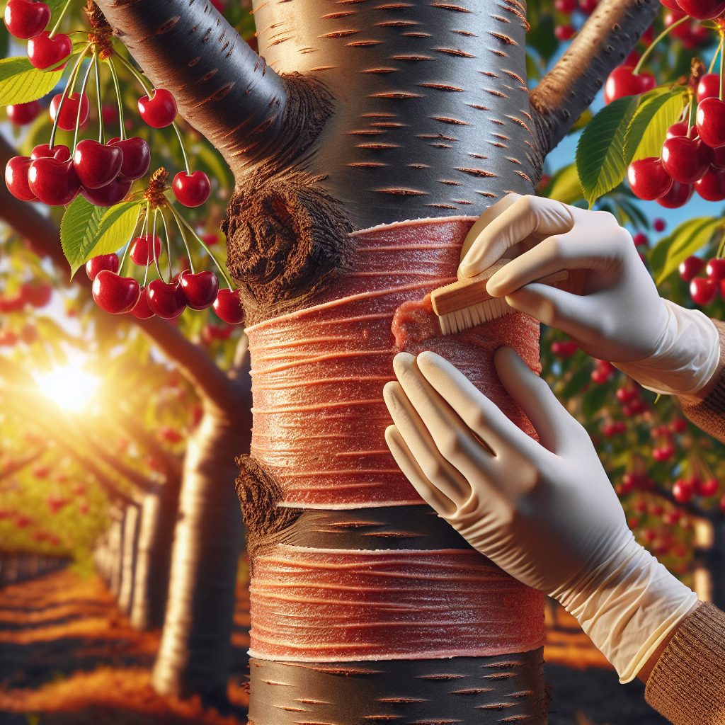 In this visually captivating scene, envision luscious cherry trees in full bloom, with their branches laden with ripe, red cherries. Zoom in on the close-up of a tree's trunk, highlighting its firm, healthy bark. Place a pair of gloved hands expertly applying a natural mixture onto the tree's bark, an unassuming act of prevention against bacterial canker. No logos or brands visible, only the natural hues of the surroundings under the warm glow of daylight. This scene represents the topic of preventing bacterial canker in cherry trees without featuring any text.