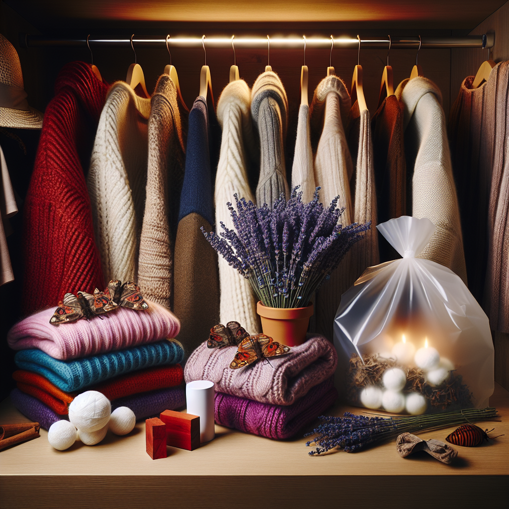 A visual demonstration of various anti-moth techniques, set against a backdrop of woolen clothing — a vibrant array of wool sweaters, scarves, and hats in a well-organized closet. The scene includes natural moth repelling items: a bundle of aromatic lavender flowers, red cedarwood chunks, and white mothballs, all strategically placed amongst the clothing items. Additionally, a sealable plastic storage bag is casually draped over a hanger, suggesting another method for moth prevention. The lighting is soft and warm, instilling a sense of cleanliness, order, and meticulous care which keeps moths at bay.