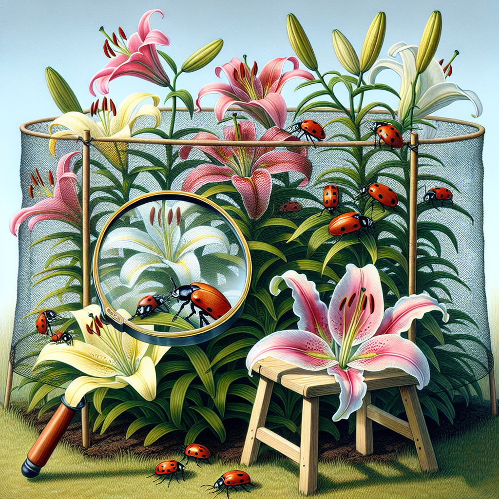 A depiction of a garden with beautiful blooming lilies of various colours such as pink, white, and yellow. The plants are protected by a fine mesh garden net to guard against lily beetle infestations. Close to the lilies, lily beetles are present, visually identifiable with vibrant red shells. A magnifying glass left carelessly on a simple wooden stool magnifies one of the beetles, allowing a close view of it. The scene is represented during a sunny day, emphasizing the luscious green of the lily plants and enhancing the vibrant nature of the beetles.