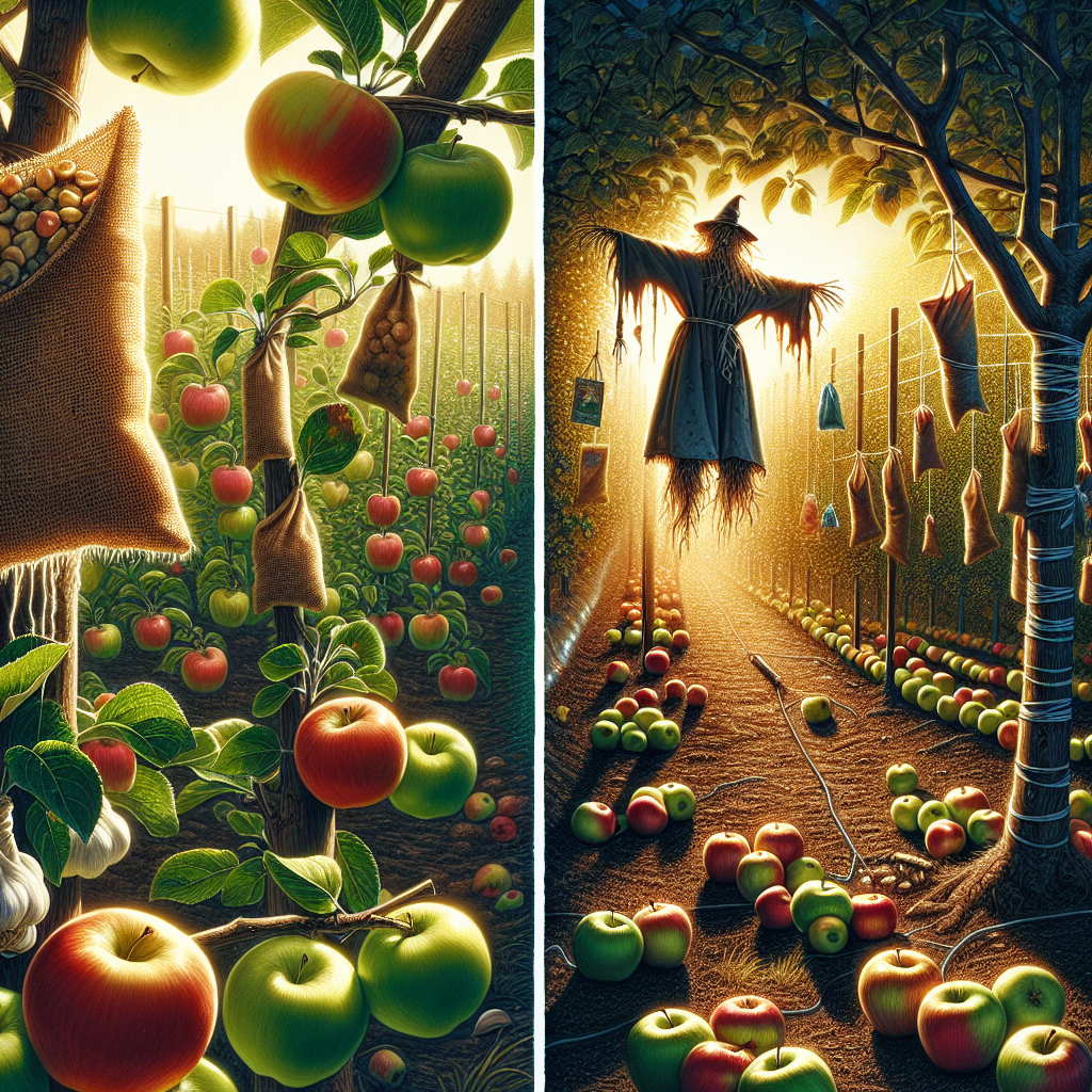 A detailed view of a healthy and thriving apple orchard bathed in sunlight with bright, ripe apples hanging from the trees. On the left, natural insect repellents such as garlic and vinegar soaked cloth are seen hung on a tree. To the right, depicted are small bags made of organic material, tightly wrapped around some apples, acting as physical barriers. The ground is littered with fallen overripe apples that attract the pests. In the background, an old-fashioned scarecrow flaps in the wind to further deter the pests.