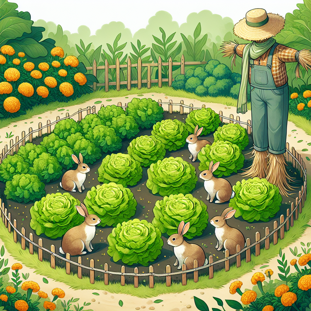 Illustrate a peaceful vegetable garden, where fresh lettuce with crisp green leaves are flourishing. Within the garden, some harmless deterrents are employed to repel rabbits who have a keen interest in the lettuce. In the center of this image, install a realistic scarecrow, it should be very traditional, made of straw, dressed in old farmer clothes and a straw hat, humanoid but not too human resembling. Also, place some marigold flowers around the lettuce patch, radiating vibrant yellow and orange colors. Natural barriers like a small wooden fence circles around the lettuce patch, providing a gentle boundary for the fluffy intruders.