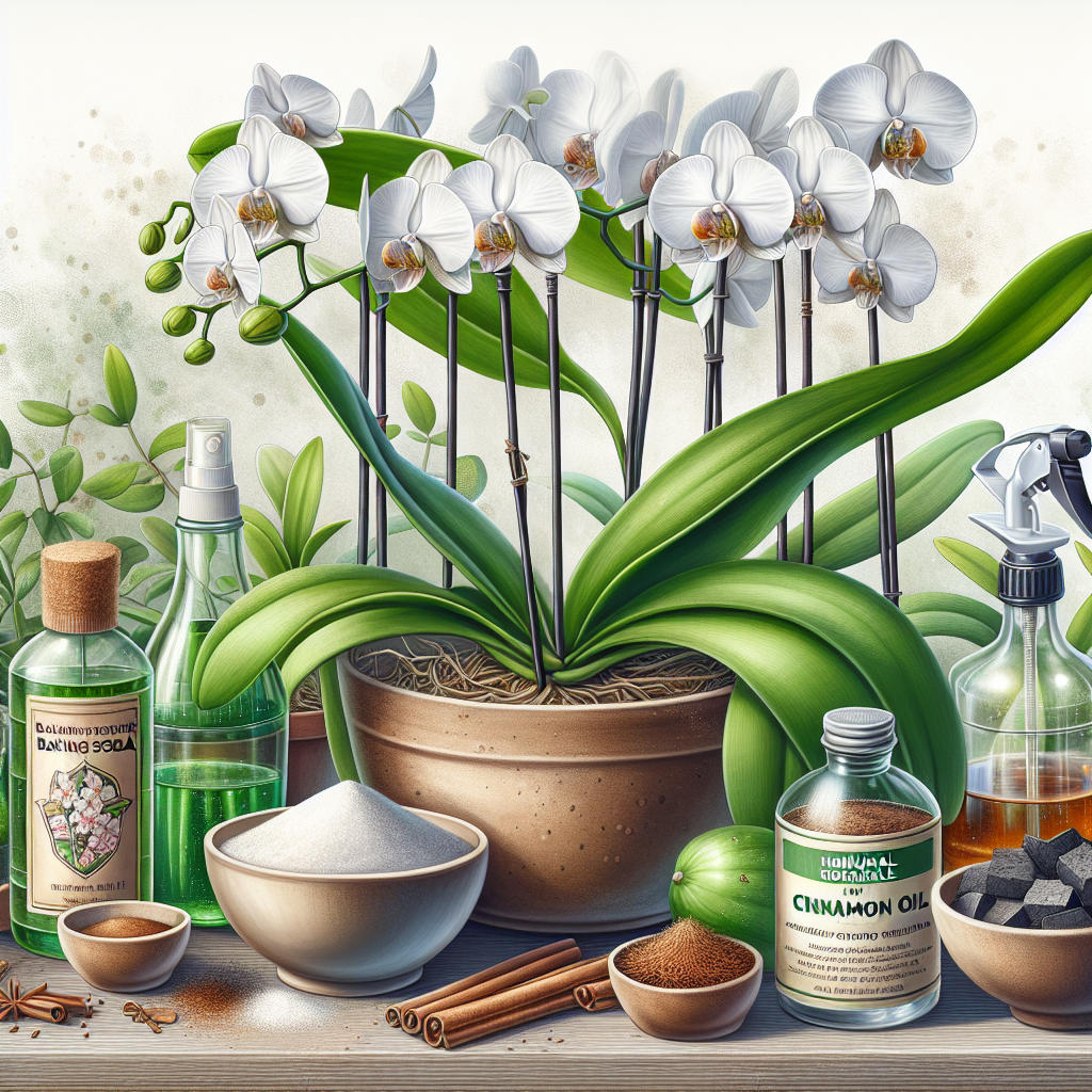 A detailed educational image of healthy orchids with robust, green leaves and stems. Enriching the scene, there are a few organic deterrents for rot including a bowl of baking soda, a natural sprayer of neem oil, a bottle of homemade cinnamon solution, a bottle of vinegar mixture, and a pot of charcoal, all placed nearby. These items do not bear any brand names or logos. The background is soft and blurred to keep the focus on the plants and the preventative measures.