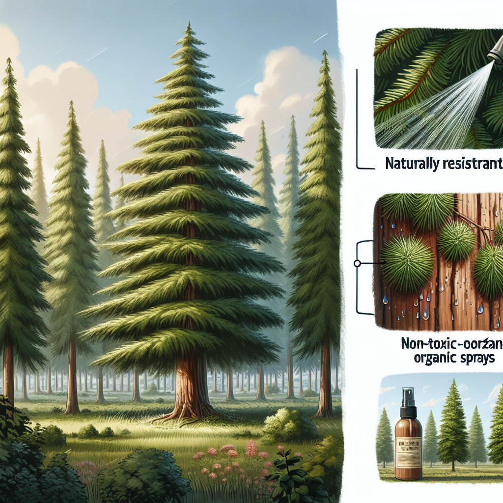 An illustration showing a serene and beautiful scene of a dense cedar forest. Note how these trees thrive, displaying their lush green needles, broad limbs, and tall, straight trunks. A close-up view shows the barks' rough texture as if you could touch it. Intersperse the image with visuals of preventative measures against cedar apple rust disease, such as naturally resistant varieties of cedar and non-toxic organic sprays. Drop droplets from the spray misting over the trees are visible. There's a significant focus, however, on the healthy, flourishing cedar trees, symbolizing their successful protection.