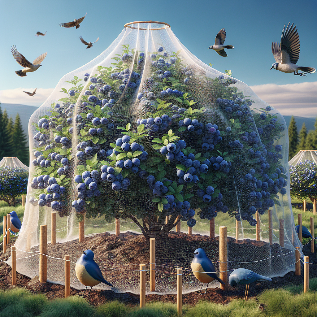 An image portraying a scene devoted to protecting blueberries from birds. In the center of the image, a bountiful blueberry bush laden with rich, ripe blueberries. The blueberry bush is covered with a light, almost translucent, bird netting, strong enough to thwart any curious birds. The netting is secured with wooden stakes in the ground, with no gaps, ensuring no bird can sneak in. Positioned on the perimeter, realistic looking bird decoys, providing an additional level of defense. The backdrop features a clear blue sky and rolling green hills, completing this serene landscape. All without any visible text, people, or brand logos.