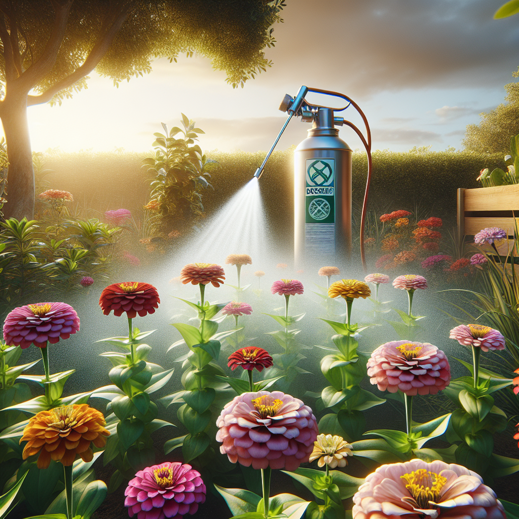 A scene in a garden depicting a hands-free disease prevention method for Zinnias. The image shows healthy Zinnias with vibrant blossoms in various colours like pink, red, yellow, and orange, flourishing outdoors beneath a sunny sky. Nearby, a custom-made domestic spraying device is seen without branding or logos, actively spreading a fine mist of whitish, eco-friendly fungicide to combat powdery mildew, which is depicted as an almost invisible threat, notable only by tiny white specks on a few leaves' surface. The environment is serene, depicting the effectiveness of the method and the thriving nature of the protected flowers.