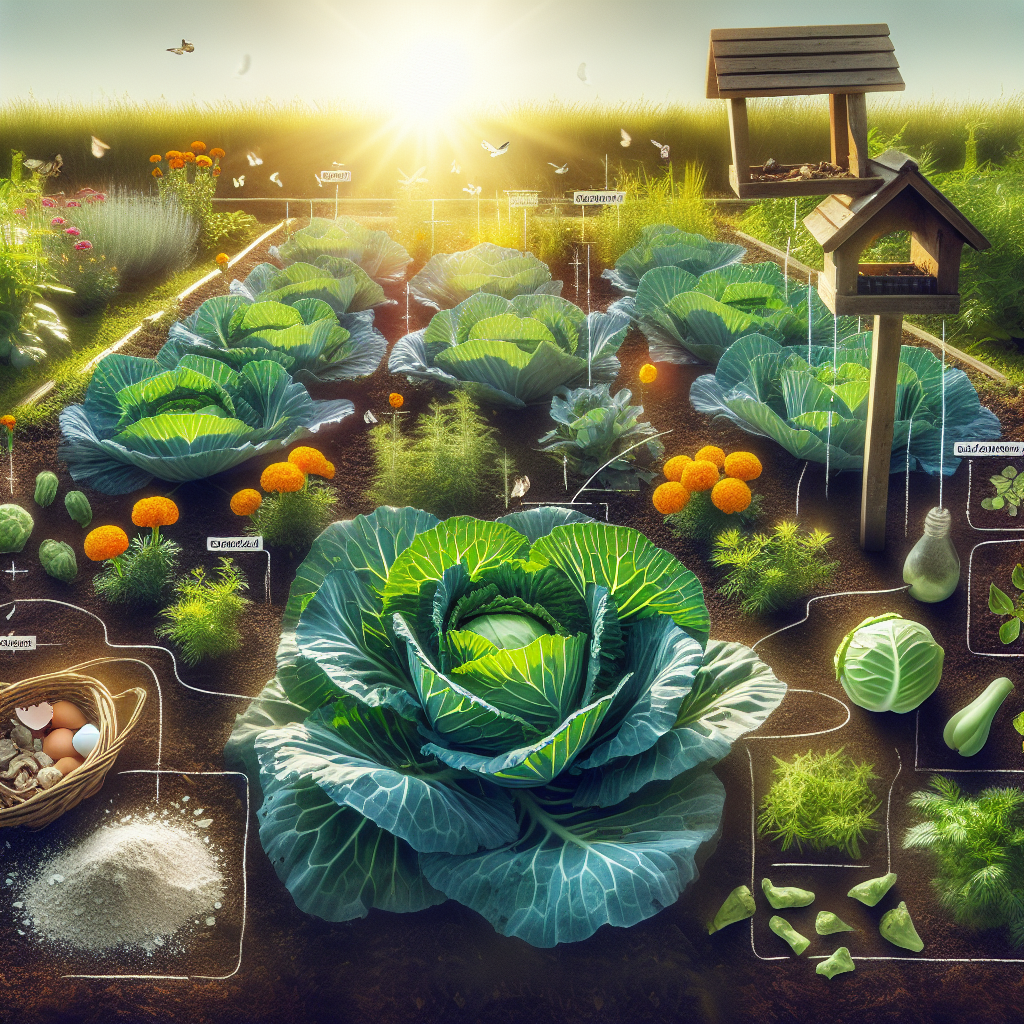 A vibrant, organic garden against midday sunlight, showing plots of lush cabbages, plump and verdant, with an array of natural deterrents against caterpillars. The focal point is on a row of bright marigold flowers planted around the cabbage, known to keep pests away. There's also a carefully crafted bird feeder on a wooden pole adjacent to the patch, inviting birds that feed on caterpillars. Additional components like pieces of crushed eggshells scattered around the cabbages and subtle aromas of peppermint and rosemary differ in the atmosphere. All elements collectively portray the essence of natural pest control.