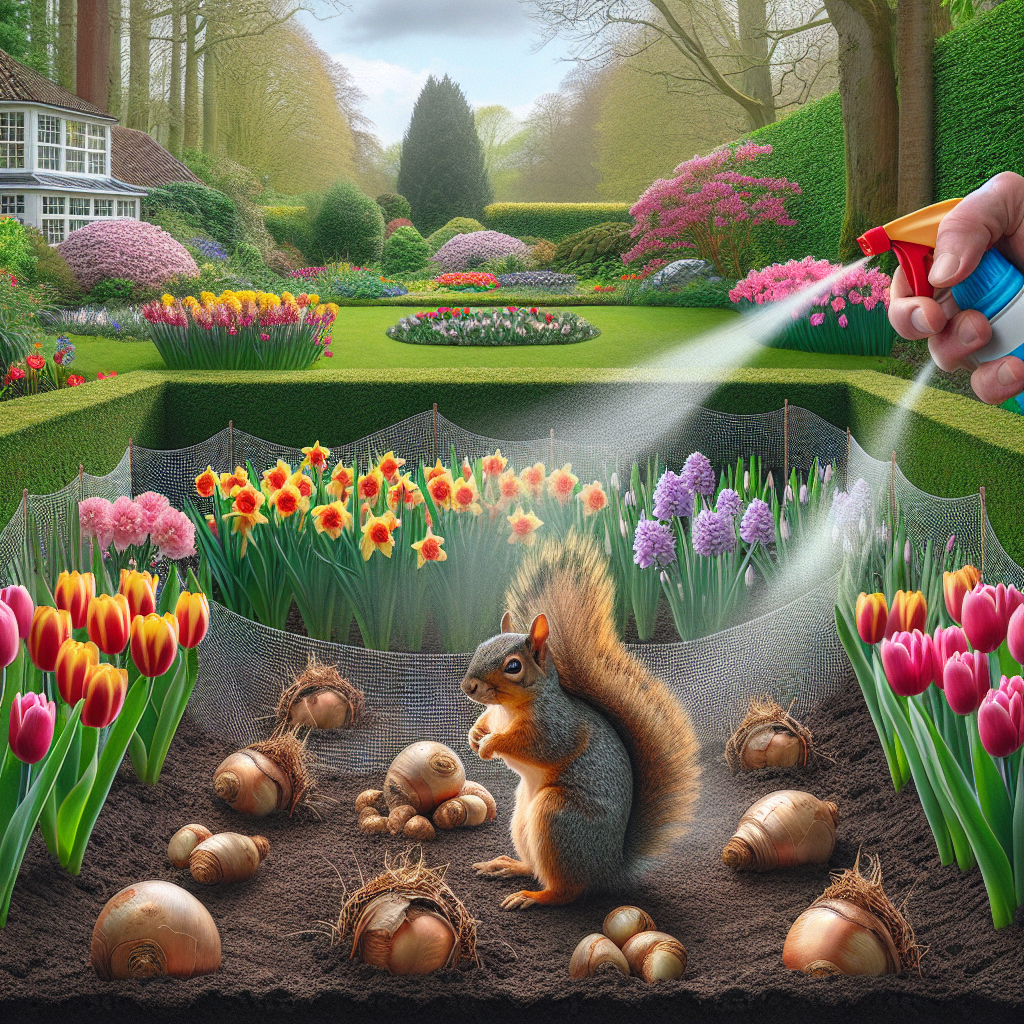 A visual representation to demonstrate the deterring of squirrels from digging up bulb flowers. The scene showcases a beautifully manicured garden landscape with an array of bulb flowers such as tulips and daffodils blooming brightly in a range of colors. In one part of the garden, a healthy, bushy-tailed squirrel is seen being deterred by a natural, homemade repellent spray that is being spritzed around the bulb flowers. On another side of the garden, some mesh netting is shown placed about the planting area providing a barrier to protect the bulbs. The image avoids showcasing any human figures, text, brand names or logos.