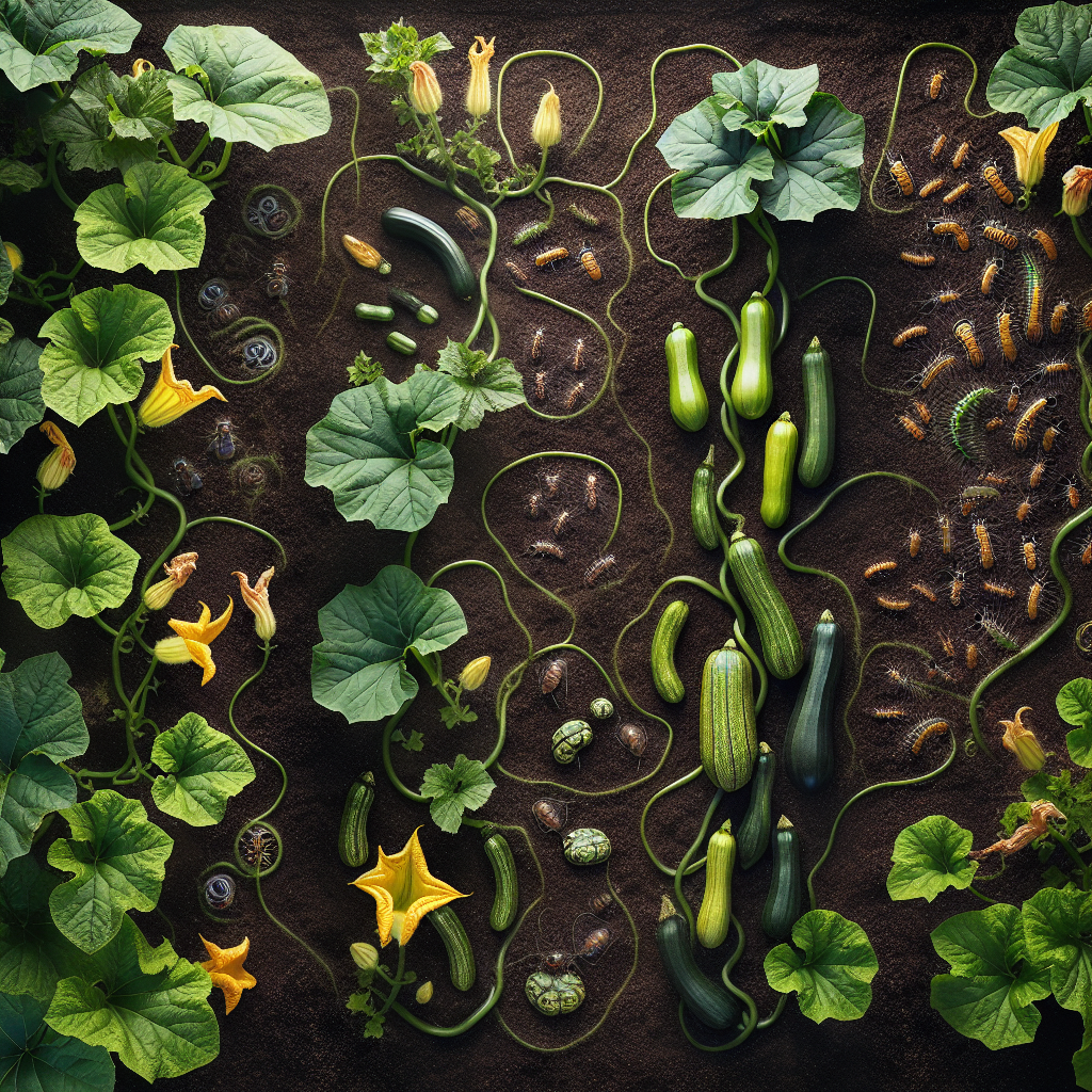 An overhead view of a lush garden with vines of squash plants weaving throughout the fertile soil, showing the different stages of squash growth from flowers to fruit. On the vines, vine borer insects are visible, but they're being kept at bay by organic countermeasures such as beneficial insects and plant-based repellents. The scene captures the essence of nurturing a healthy, borer-free squash garden without the presence of humans, text, or brand logos.