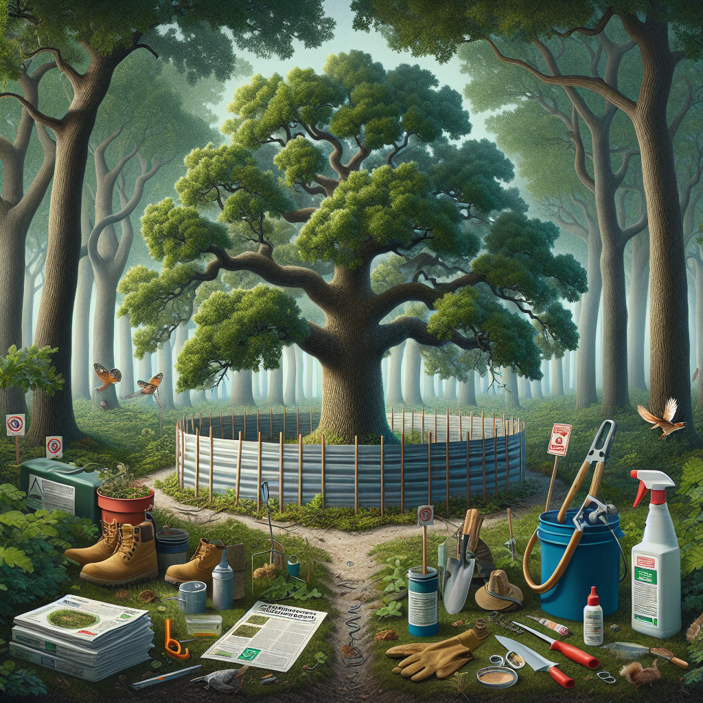 A visualization of techniques to protect oak trees from Sudden Oak Death. The scene takes place in a dense grove of oak trees with healthy, vibrant leaves. In the center, a large oak is seen with a protective barrier around its base, indicating a preventive measure against the disease. Nearby are various tools used in this process, including a water can, a spray-bottle filled with preventative solution and a pair of gardening gloves set aside. At a safe distance, harmless wildlife such as a squirrel or robin perch or forage, indicating the eco-friendly nature of the prevention methods.