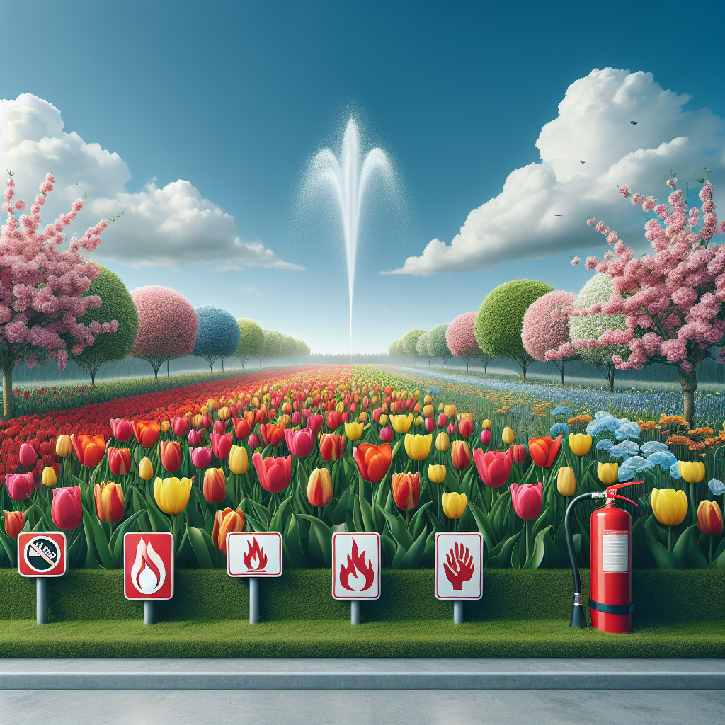 A picturesque image of a vibrant, flourishing tulip bed under a crisp, clear sky. The tulips, in an array of colors, are in full bloom. In the near vicinity of the tulip bed, there are several fire prevention symbols, such as a water hose and a fire extinguisher, subtly and tastefully incorporated into the scenery. This further emphasizes the title's focus on preventing 'Tulip Fire'. No text, people, brand names, or logos are present in the image.