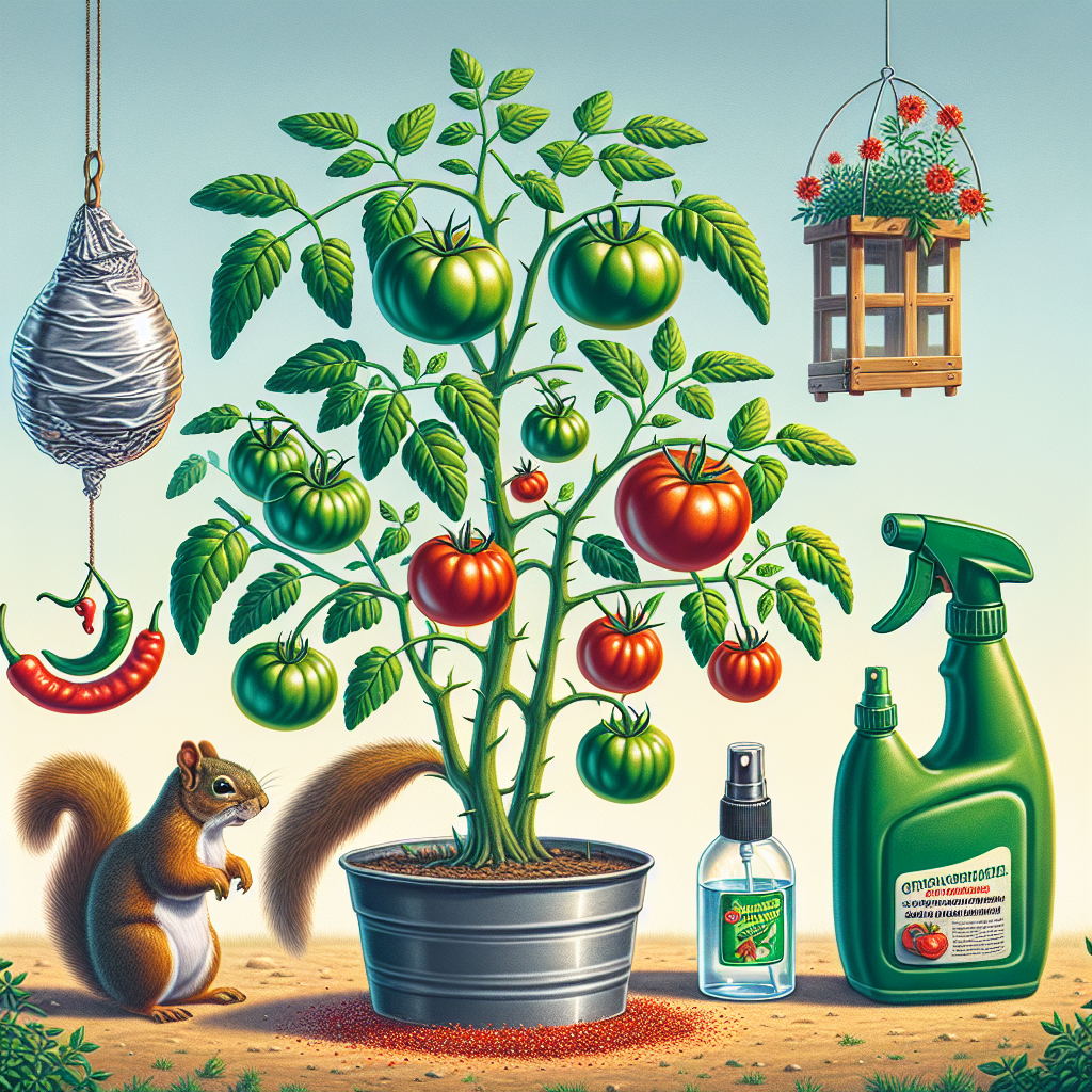 An outdoor scene that depicts a tomato plant flourishing on a sunny day. A few unripe green tomatoes and a couple of red, ripe ones are seen hanging from its branches. Next to the plant, a squirrel is seen standing, looking curiously at the plant but is deterred by a series of organic and harmless deterrence methods such as a loosely hung shiny aluminum foil, a spray bottle with water and a red pepper sprinkled around the base of the plant. These elements should visually communicate the concept of deterring squirrels from approaching the tomato plant, without the need for any textual explanation. Decorative garden items like a small birdhouse and sun hat are present, but are devoid of any text or brand logos.