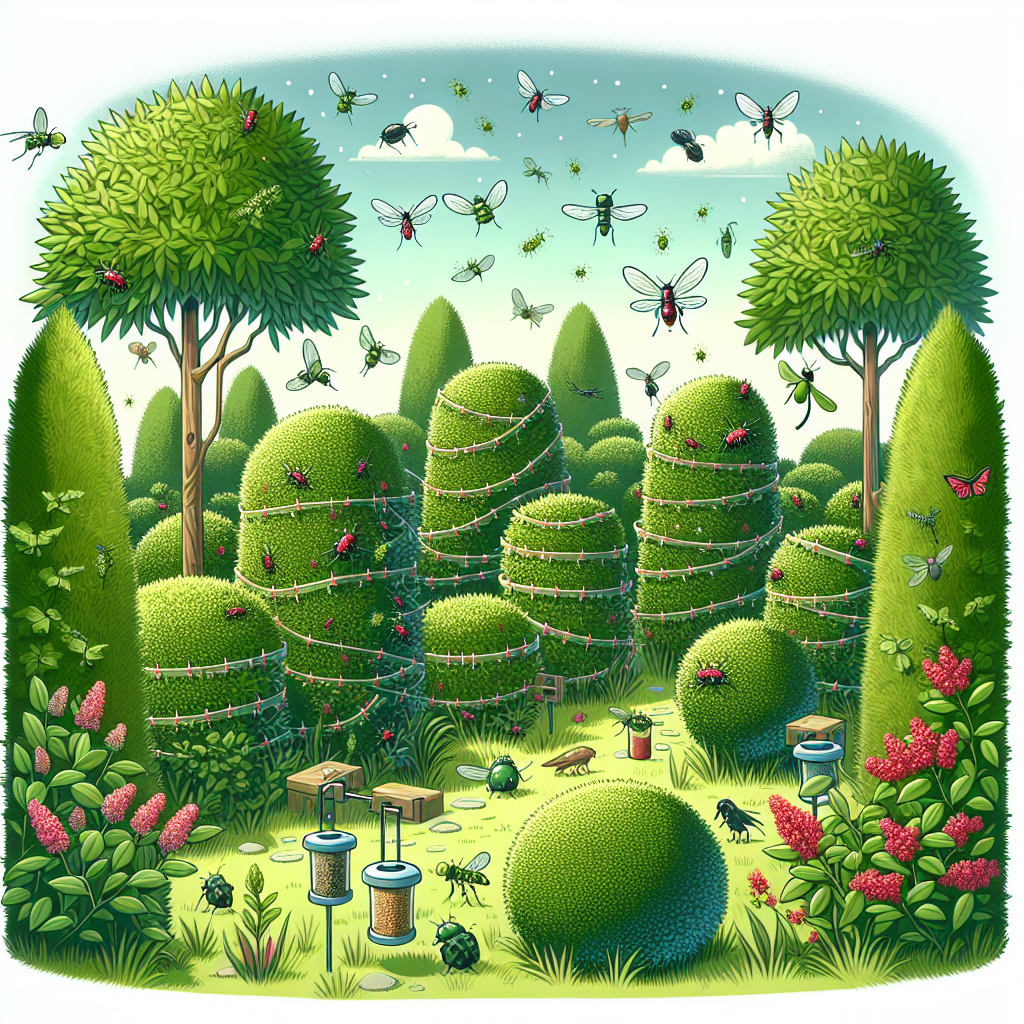 Generate an image depicting an ideal setting for the topic of protecting holly bushes from holly leaf miners. Picture a lush garden of vibrant, green holly bushes. Various methods of protection are subtly depicted without the use of human involvement: narrow bands of tree wrap around the trunks, a hover of beneficial insects like ladybugs and lacewings patrolling the bushes, while scattered bird feeders invite feathered allies, all in the fight against leaf miners. There are no text labels, brand names, or logos in the scene.