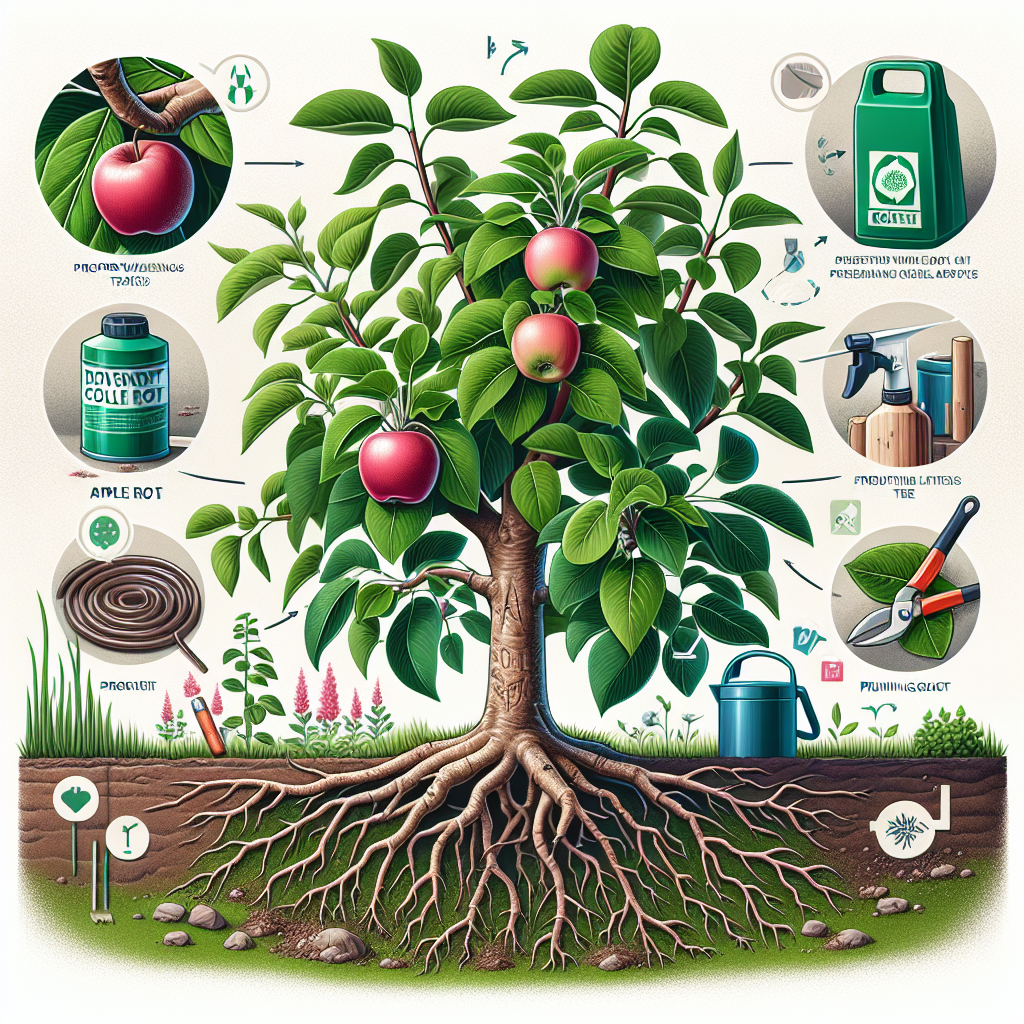 An informative illustration on how to prevent collar rot in fruit trees. In the foreground, show close-up details of the trunk and roots of an apple and a pear tree, with a verdant healthy appearance, free of collar rot. In the background, place a variety of tools such as sprayers and pruning shears, suggesting plant care practices. Include visual indicators such as arrows and symbols demonstrating preventative steps, such as proper watering, soil drainage, and pruning techniques. Render the scene in a botanical illustration style. Ensure there is no text, logos, brands, or human figures present in the image.