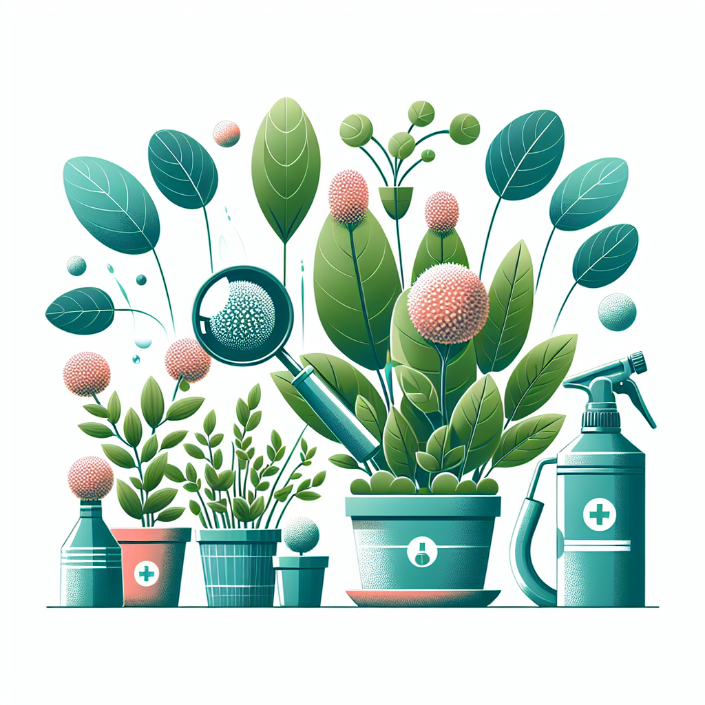 A stylized depiction of indoor plants thriving in a well-cared environment. The image should feature several healthy-looking plants displaying vibrant foliage. Adjacent to these plants should be tools necessary for plant care including but not limited to a watering can, sprayer for misting, and pruning shears. Show the clear signs of 'Soft Scale', which are small, mound-like bumps on the leaves and stems, on a separate plant to illustrate the infection. Add a magnifying glass focusing on one of the Soft Scales to clearly show how it looks. Keep the image clean and free from people, text and brand names.