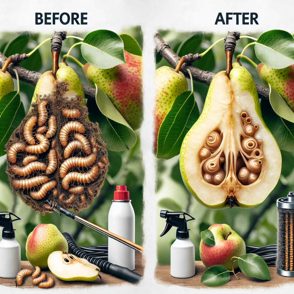 A close-up display showcasing the harmful effects of Codling Moth infestations on pear trees; with gnarled fruit and visible larvae. Change the scene to highlight the before and after of pest control methods; on the left are the infested fruit, on the right are fresh, bug-free pears on a tree. Optionally, include untouched farm tools like a sprayer and the inside mechanism of a pheromone trap in the backdrop for reference. Ensure there are no humans, text, brand names, or logos present in the image.