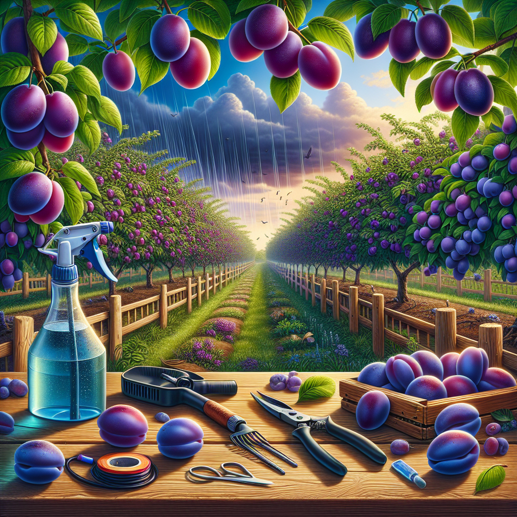 A detailed scene of a plum orchard under a warm sky. Plump, ripe plums with saturated purplish-blue hues are hanging from lush green trees. Rain clouds can be seen approaching in the distance, which possibly suggests a preventive measure - regular spray of effective yet environment-friendly fungicides. Larger view reveals a sturdy wooden fence encircling the entire orchard, symbolizing the need for protection from pests and diseases, particularly from Plum Pox Virus. Tools like garden shears, gloves, and a spray bottle all sanitized and placed neatly on a table adjoining orchard, symbolizing good hygiene and proper maintenance. All items are devoid of brand names or logos.