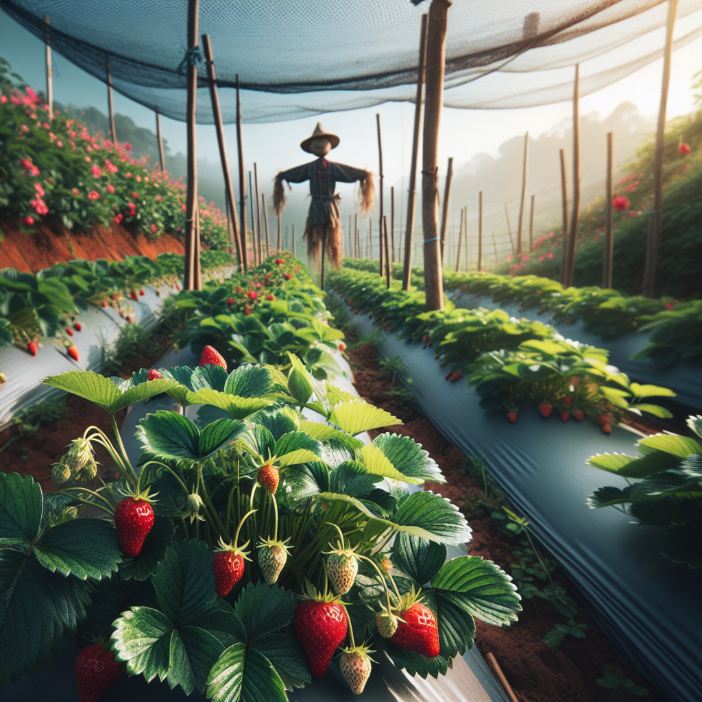 A serene image of lush strawberry plants in a garden. Berries are ripe and red, peaking out from their green foliage. Protective measures like netting hang above the plants to prevent bird interference, while a scarecrow stands guardian over the plot against other wildlife - all in the midst of a clear day with a lightly blue sky overhead.