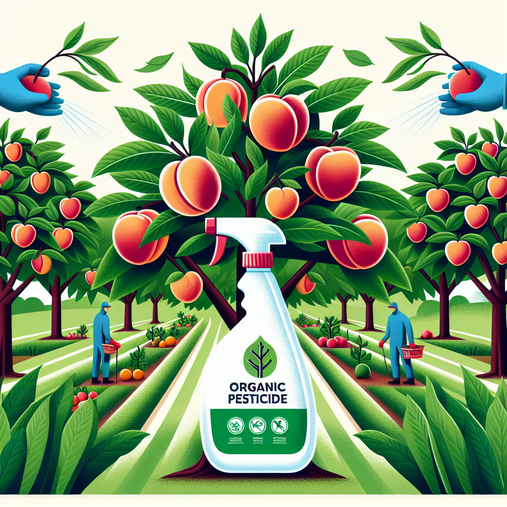 Illustrate an orchard with peach, plum and cherry trees bearing fruits. All trees are looking healthy with verdant green leaves. A bottle of organic pesticide is depicted, avoiding any brand names and logos. Also signify an act of prevention, such as hands in gloves gently spraying the pesticide mist onto the fruits. Make sure no peoples or texts are included in the scene.