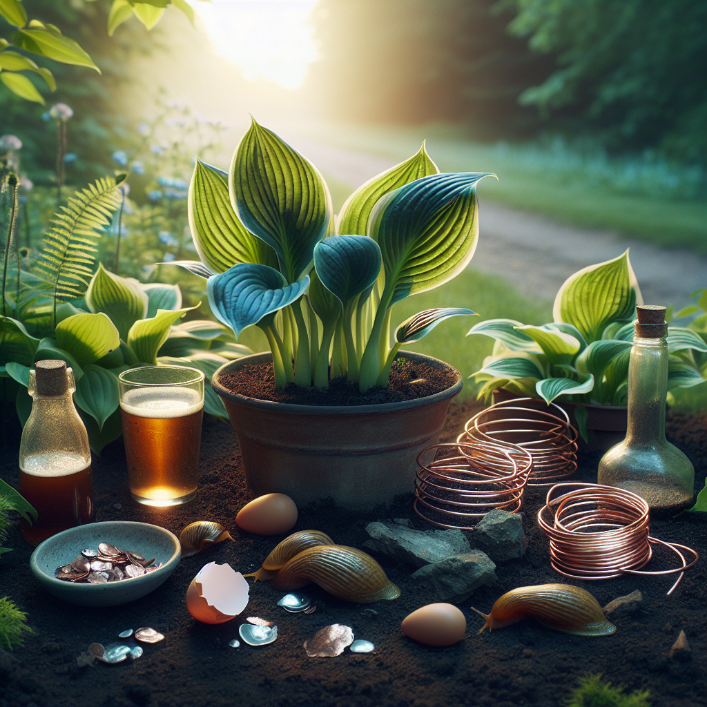 An image displaying a peaceful garden scene focused on several hostas plants. Around the plants, various natural remedies to prevent slugs are subtly represented: a few crushed eggshells scattered on the soil, copper wire encircling the plant base, and a small dish of beer placed near the plants. A soft early morning light bathes the plants, enriching the scene with tranquility. There are no people, text, or brand names in the image.