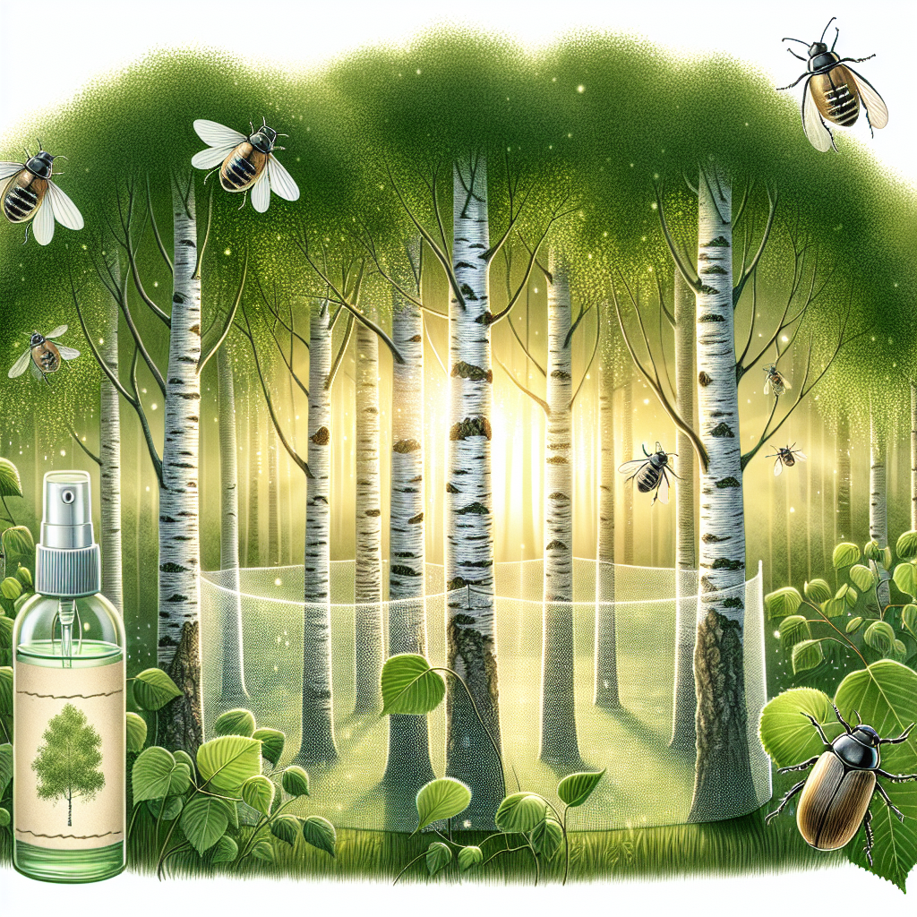 An illustration of a serene and leafy forest. The scene features healthy birch trees standing tall with white and black textured bark glowing under soft sunlight. The trees' canopy is dense and thriving. Nearby, bronze birch borers, depicted as small beetles with metallic bodies, hover near the trees. The image also shows means of protection such as a natural, unbranded insect repellent spray diffusing its content and a net barrier around the trees. The overall ambiance of the artwork is calm and tranquil, conveying the beauty of nature and the human effort to preserve it.