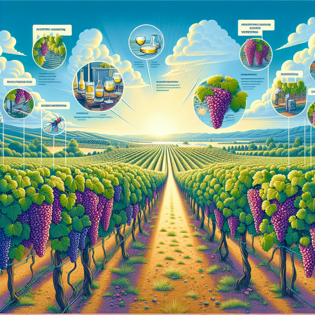 A vivid illustration providing a visual narrative for preventing Botrytis Blight on grapes. The scene captures a vineyard with long rows of grapevines burdened with lush, healthy grape clusters. Next to it, visual cues show preventative measures like proper spacing, pruning and ventilation. Notably, there are no human figures, logos, or text. The sky overhead is a clear blue, signaling ideal climate conditions for the growth and protection of grapes. All around, the atmosphere suggests attentiveness to the health and wellbeing of these valuable crops.