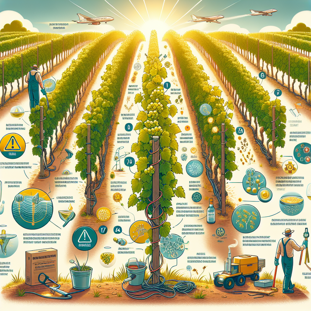 A detailed educational visual representation of preventative measures against grape mildew. The scene unfolds in a thriving vineyard bathed in warm sunlight. Show different stages of grape growth on the vines from budding to maturity. Include visual representations of best practices like proper spacing between plants, early detection signs of mildew, typical weather conditions that favor mildew growth, and tools used to maintain vine health without any brand logos or names. It should be clear from the context that these actions are being taken to prevent the development of mildew, but no humans should be included in the image.