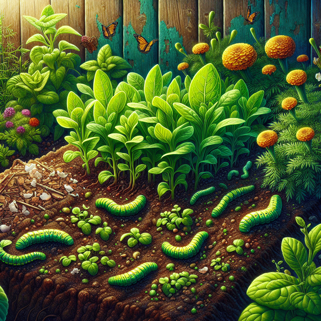 A vibrant and detailed image of a verdant garden scene. The main focus is on young, delicate seedlings in a fertile patch of soil. The seedlings are lush and green, sprouting from dark, rich earth. Nearby, caterpillar-like creatures identified as Cutworms are present, but they are kept at bay by natural deterrents like crushed eggshells and marigold plants placed strategically around the seedling area. The entire scene is framed by a rustic wooden fence, creating a sense of protection. No people, brand names, logos, or text of any sort are visible in the image.