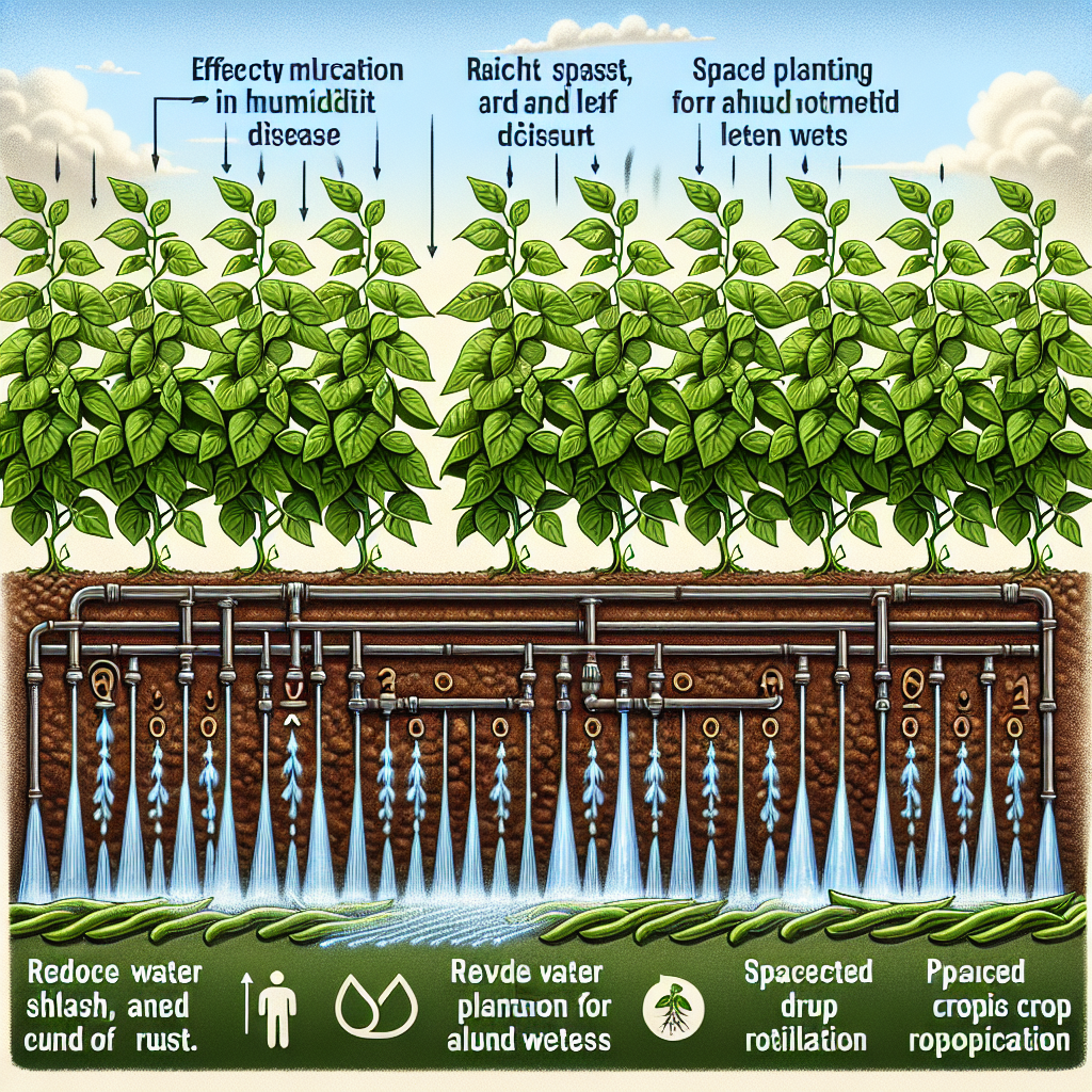 Detailed illustration of a row of green bean plants thriving in a humidity-controlled environment, free of rust disease. The system includes an effective drip irrigation setup to reduce water splash and leaf wetness, thus preventing the onset of rust. Also shown are other methods like spaced planting for ample air circulation and crop rotations. Please note the absence of human characters or any brand names in the image.