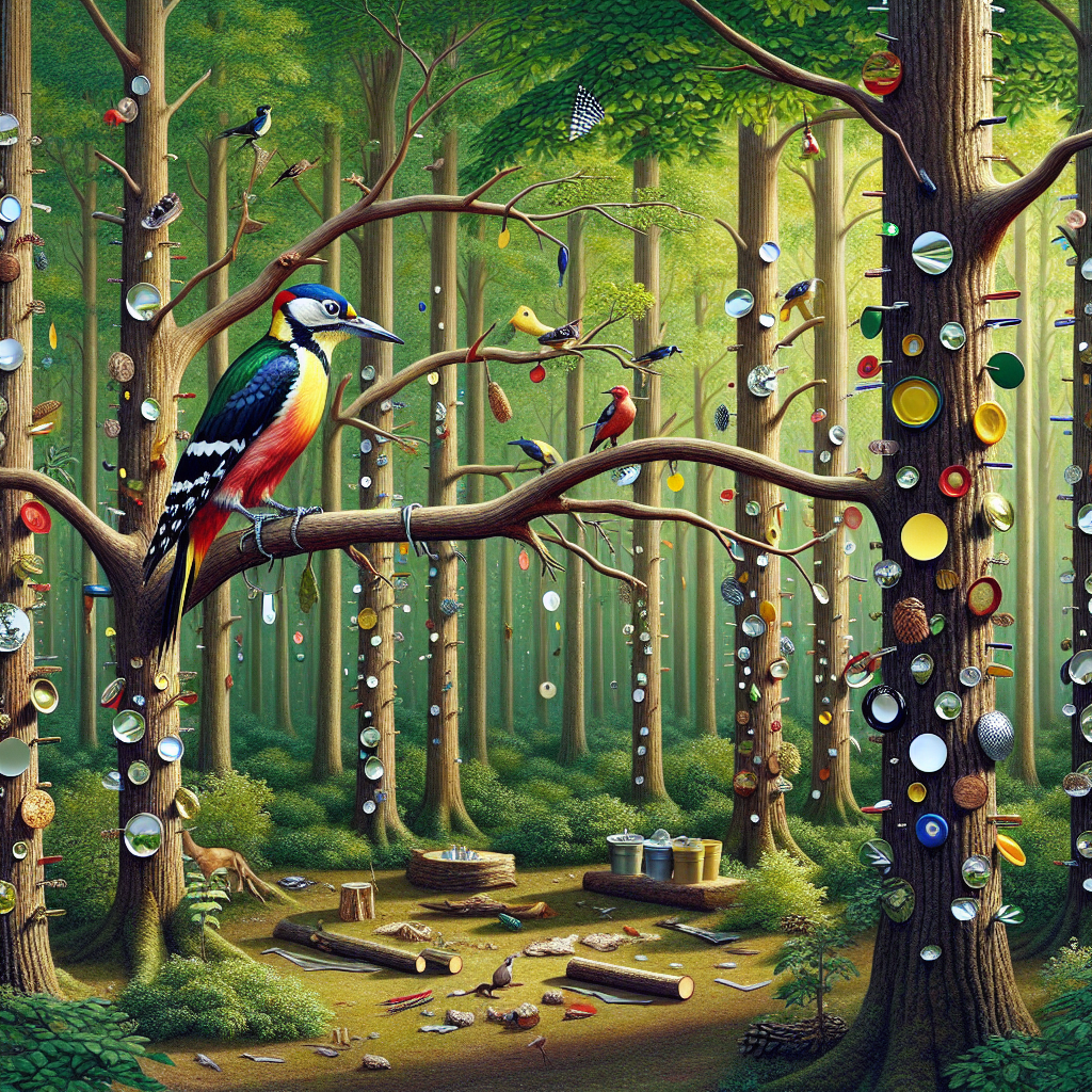 Visualize an elaborate scene set in a lush forest filled with trees flaunting their healthy bark. In the foreground, a brightly colored woodpecker is seen perched on a tree branch, its typical pecking behavior deterred by a cleverly installed visual deterrent - perhaps a set of shiny reflective objects, discs, or foil strips casually dangled from the branches. The lack of any human figure in the image reinforces the innate harmony of nature with naturally occurring, non-branded solutions at play. The atmosphere is peaceful, with other fauna and flora adding to the richness of this effective, woodpecker-deterrence system.