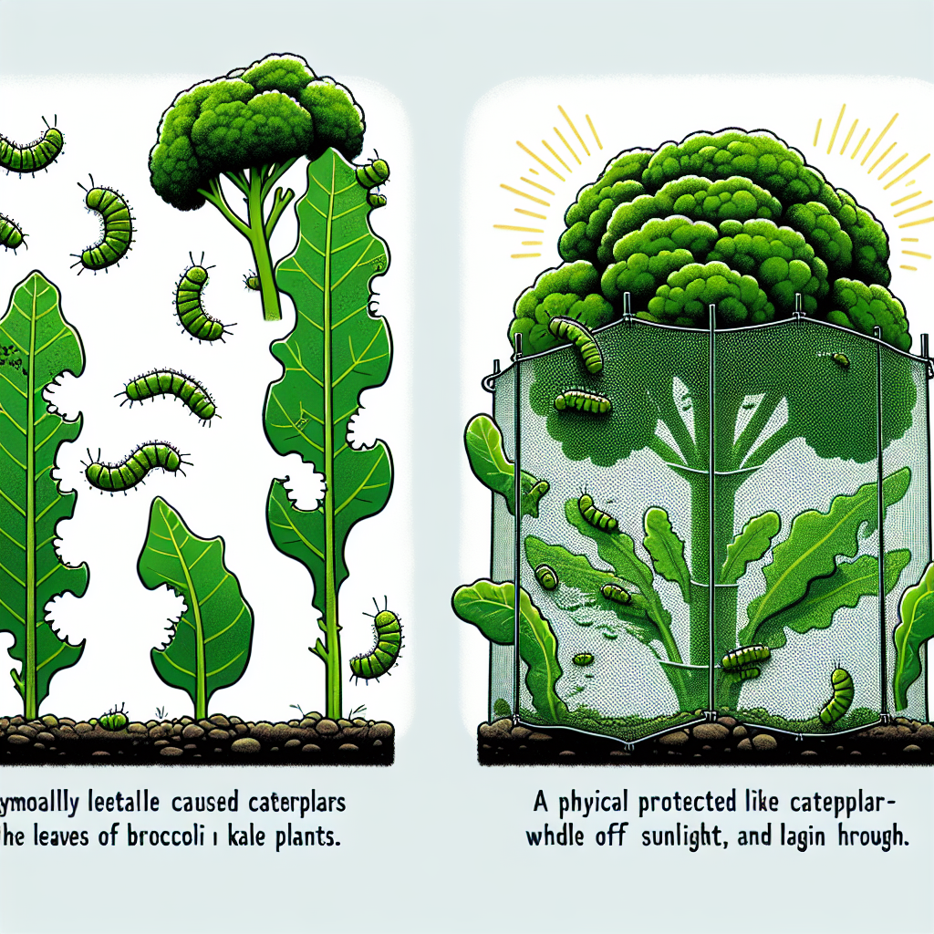 Illustration showing two distinct parts: On the left, a section highlighting the devastation caused by caterpillars on the leaves of broccoli and kale plants, with chewed leaves and caterpillars visibly crawling across. On the right, a symbolically protected garden of thriving broccoli and kale plants, free from caterpillar damage, with a physical barrier like netting warding off the caterpillars while allowing sunlight and rain through. Make sure there are no people, text, brand names, or logos in this image.