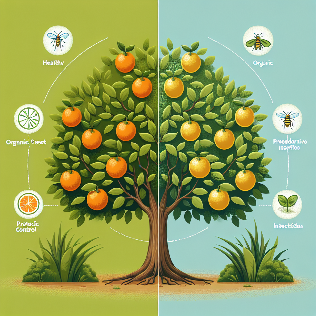 An illustration showcasing the process of preventing Citrus Greening Disease in citrus trees. Depict a healthy vibrant orange tree on one side and a sickly, yellowing tree affected by Citrus Greening Disease on the other side. In the center, visualize a protective barrier, highlighting organic pest control measures such as predatory insects and natural insecticides. No text or brand names included, and no human presence in the scene. A subtle color difference is recommended to differentiate the healthy side from the affected side.