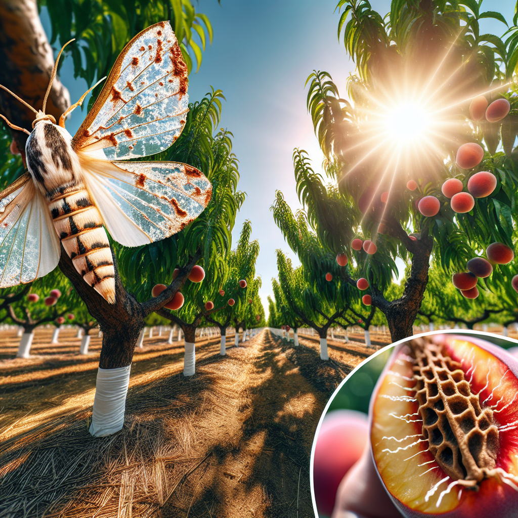 An explicit depiction of peach trees in an orchard during the height of summer. The tree trunks coated in a protective white substance to ward off pests, particularly peach borers. The clear blue sky serving as a backdrop, while rays of the sun seep through the dense, leafy canopies, casting dappled shadows on the ground. Close-up elements of the image illustrate a peach borer moth, noticeable by its clear wings and yellow to reddish-brown body. Also showcased are the boreholes in a tree, signaling the presence of these pests, juxtaposed by untreated and treated tree trunks for comparison.