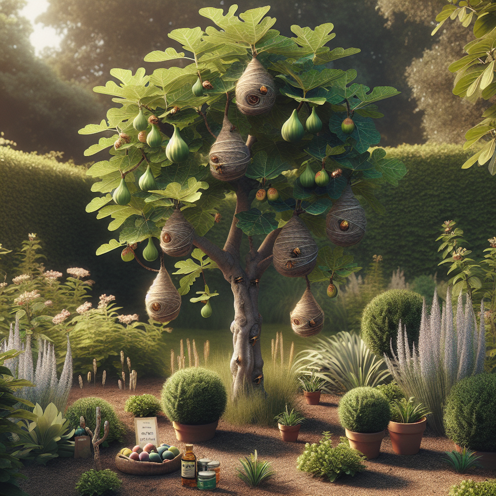 A serene and peaceful garden scene showcasing a healthy fig tree. Several ripe figs are visible on the tree. Around it, various common methods for deterring wasps are subtly integrated. There's an array of faux nests in the branches of the tree, as they are known to discourage wasp colonies. Small sachets of peppermint oil hang subtly from the branches, as their smell is known to repel wasps. Patches of wormwood plants grow near the base; they're known for their natural insect-deterring qualities. The sun casts a soft glow on the scene, making it a serene natural haven.