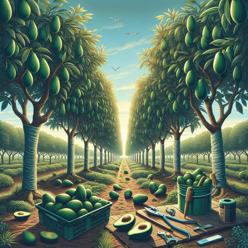 A verdant avocado orchard with healthy, lush trees bearing an abundance of ripe, green avocados. The scene is filled with an atmosphere of vitality and yield. A few trees are individually wrapped in protective materials, symbolizing the actions taken to defend against the Laurel Wilt Disease. Tools for tree care, such as a handheld pruner and a watering can, lie nearby, representing the ongoing battle to protect the orchard. The sky is a soothing shade of azure, indicating a suitable environment for growing avocados.