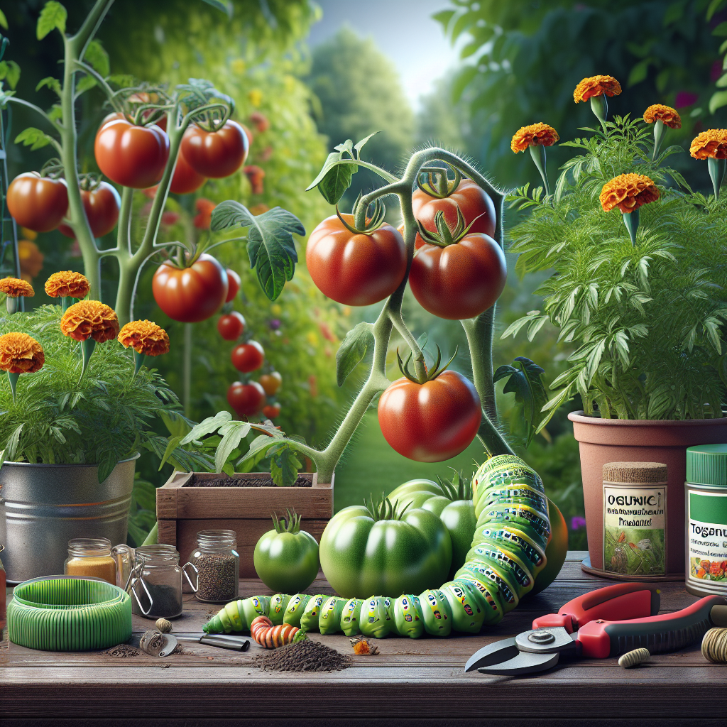 A garden scene focusing on a lush tomato plant with large, juicy tomatoes hanging from its branches. Close by, lurks a tomato hornworm, poised as if ready to attack the plant. In the foreground, an array of organic solutions such as a container of natural insects repellent, some marigold flowers, and a pair of pruning shears represent the strategies to fight the pest. There's a sense of impending action, like we're catching the moment before an intense battle. None of the elements contain text, logos, or brand names and there are no humans present.