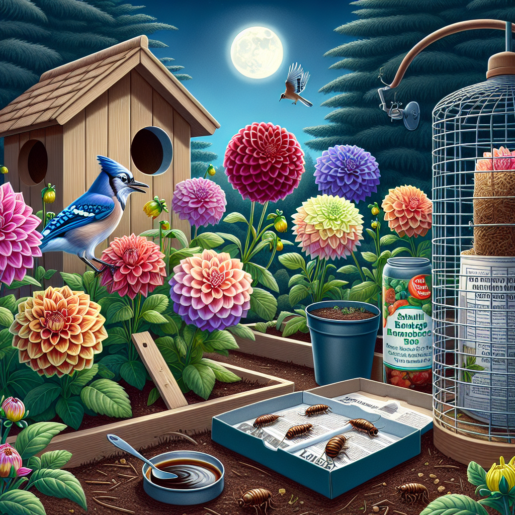 Visual representation of a garden scene focusing on the protection of Dahlias. Visible are beautiful, colorful dahlia flowers, standing proudly in a well-kept garden with a neat compost pile. A birdhouse hosts a Blue Jay pecking at earwigs, far enough from the dahlias to pose no threat. Traps made from rolled newspaper and shallow containers of soy sauce and vegetable oil are scattered around the garden to naturally deter earwigs. The moon subtly illuminates the scene, hinting at the nocturnal activity of these pests. There are no people, text, or brand names in the image.