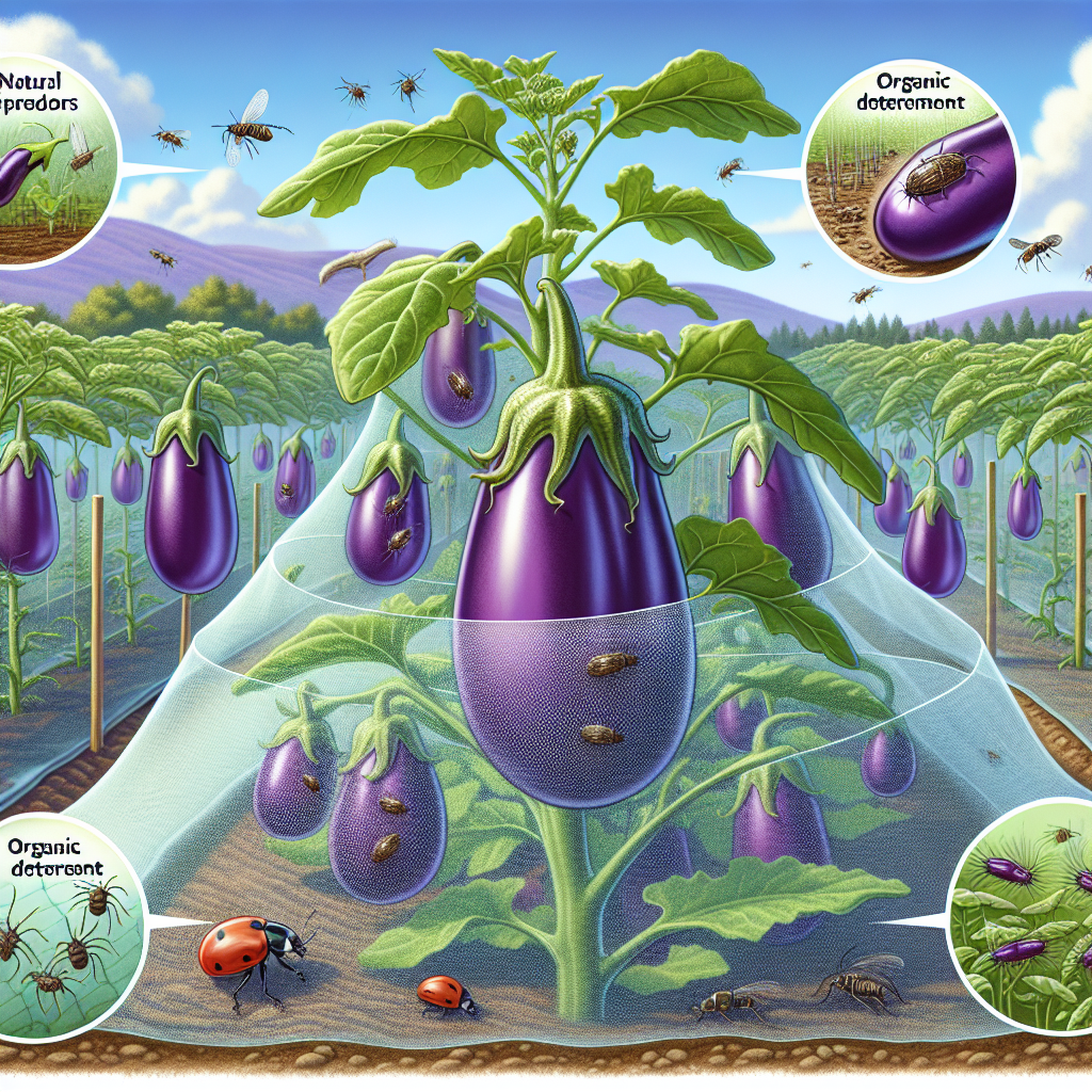 An illustrated scenario showing deterrent methods against flea beetles on an eggplant farm. The scene depicts a lush eggplant farm with purple, bulbous eggplants hanging from thick, green leafy stalks. The sky above is crisp blue. Light mesh netting is visibly surrounding the eggplants acting as a protective barrier. A few flea beetles are trying to reach the crops but are prevented by the protective mesh. Nearby, natural predators of flea beetles like spiders and lady beetles can be seen flourishing. An example of organic deterrent, a patch of sacrificial plants, can also be depicted.