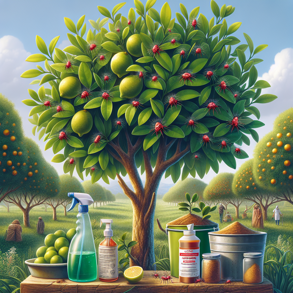 A detailed scene of lemon trees in an orchard experiencing an infestation of tiny, red spider mites. The rich, green leaves are dotted with the small pests. Alongside the trees, there's a series of natural remedies scattered around: a spray bottle filled with a mix of water and dish soap, a jar of cinnamon, and a bucket of predatory mites. The scene is set under a clear, blue sky with soft, fluffy clouds floating by.